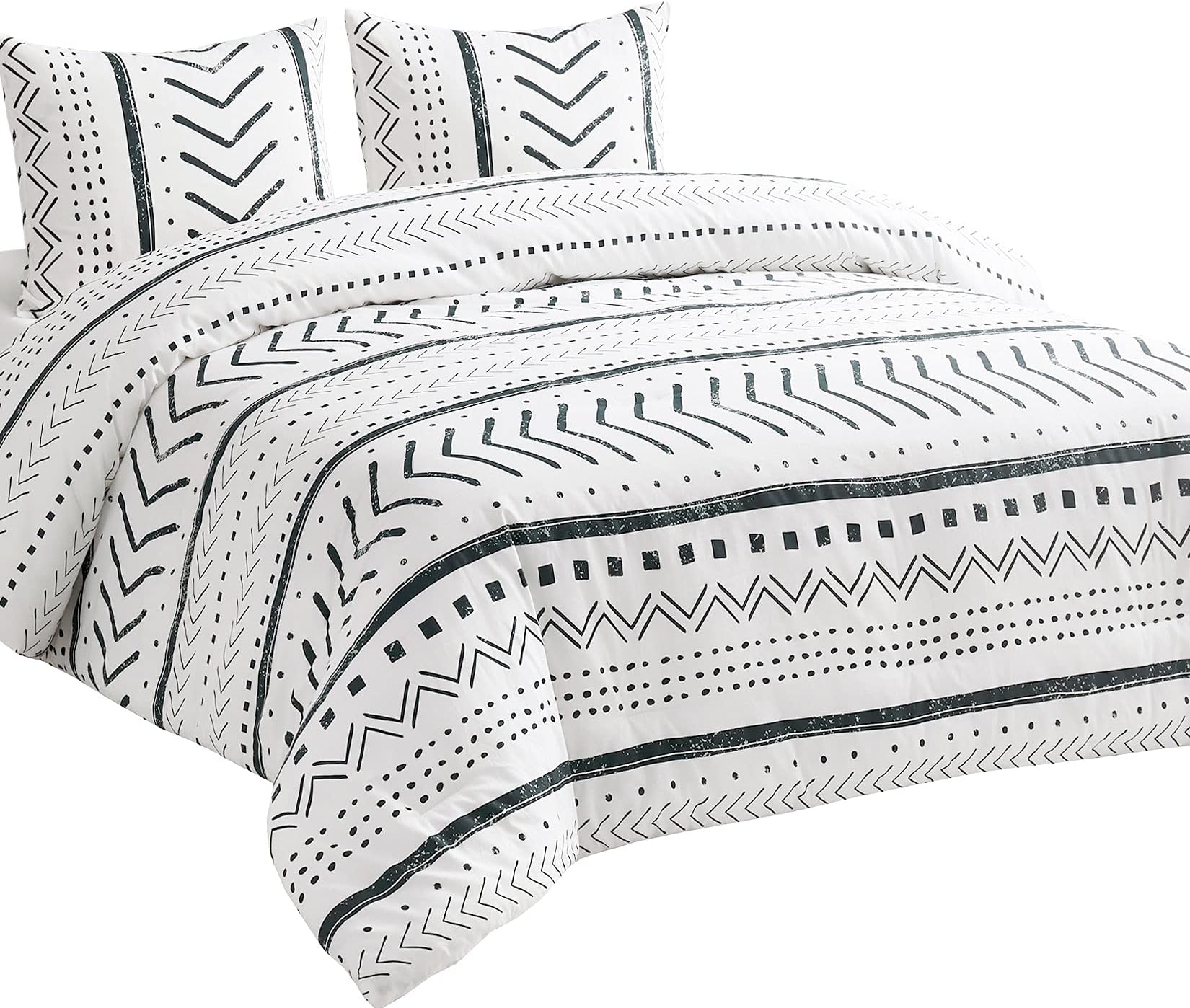 Wake In Cloud - Aztec Comforter Set, 100% Cotton Fabric with Soft Microfiber Fill Beddings, Black Pattern Printed on White (3pcs, King Size)