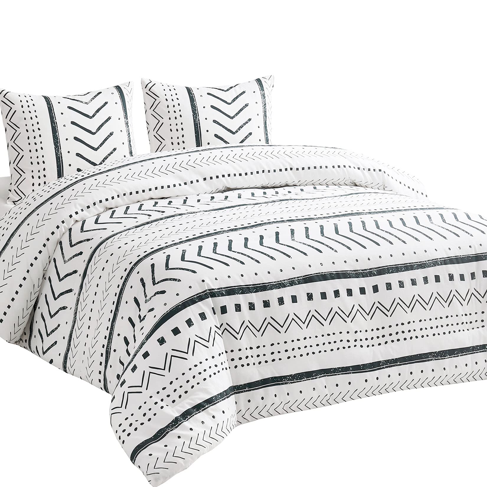 Wake In Cloud - Aztec Comforter Set, 100% Cotton Fabric with Soft Microfiber Fill Beddings, Black Pattern Printed on White (3pcs, King Size)