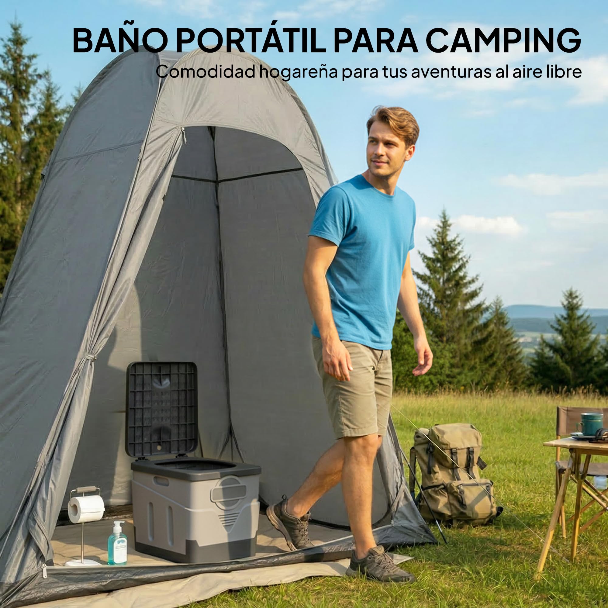 Outsunny Inodoro Portátil, WC Portátil de PP con 12 Paquetes de Agente Solidificante y 12 Bolsas, Carga 100 kg, Inodoro Plegable para Exterior, Camping, Acampar, Senderismo, 34x29x30 cm, Gris Oscuro