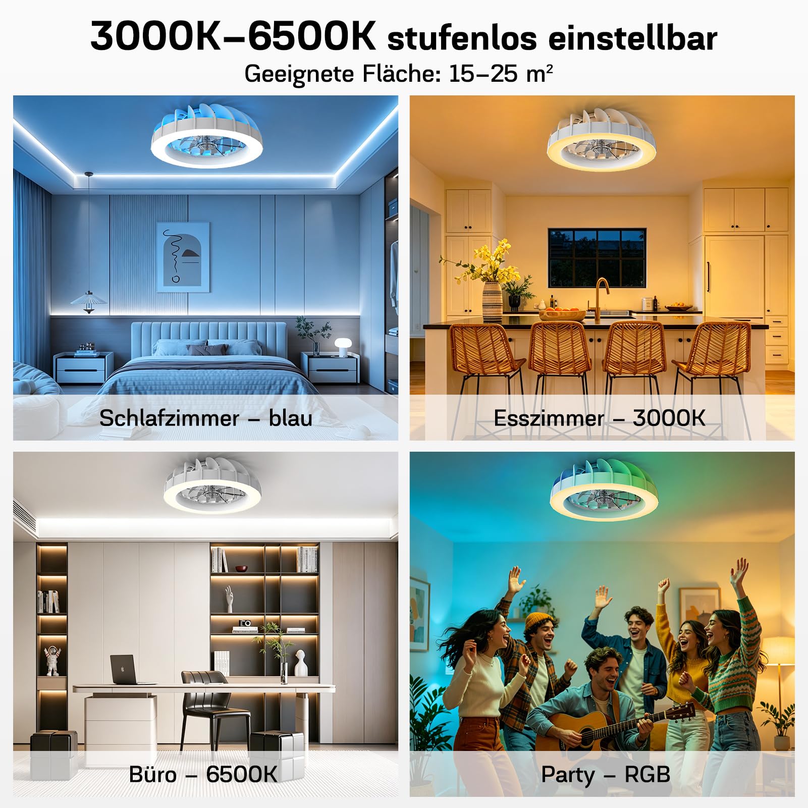 LED Deckenventilator mit Beleuchtung, 48cm Modern, 48W Dimmbar, Fernbedienung, Schwarz-Weiß Ring Design, 220V