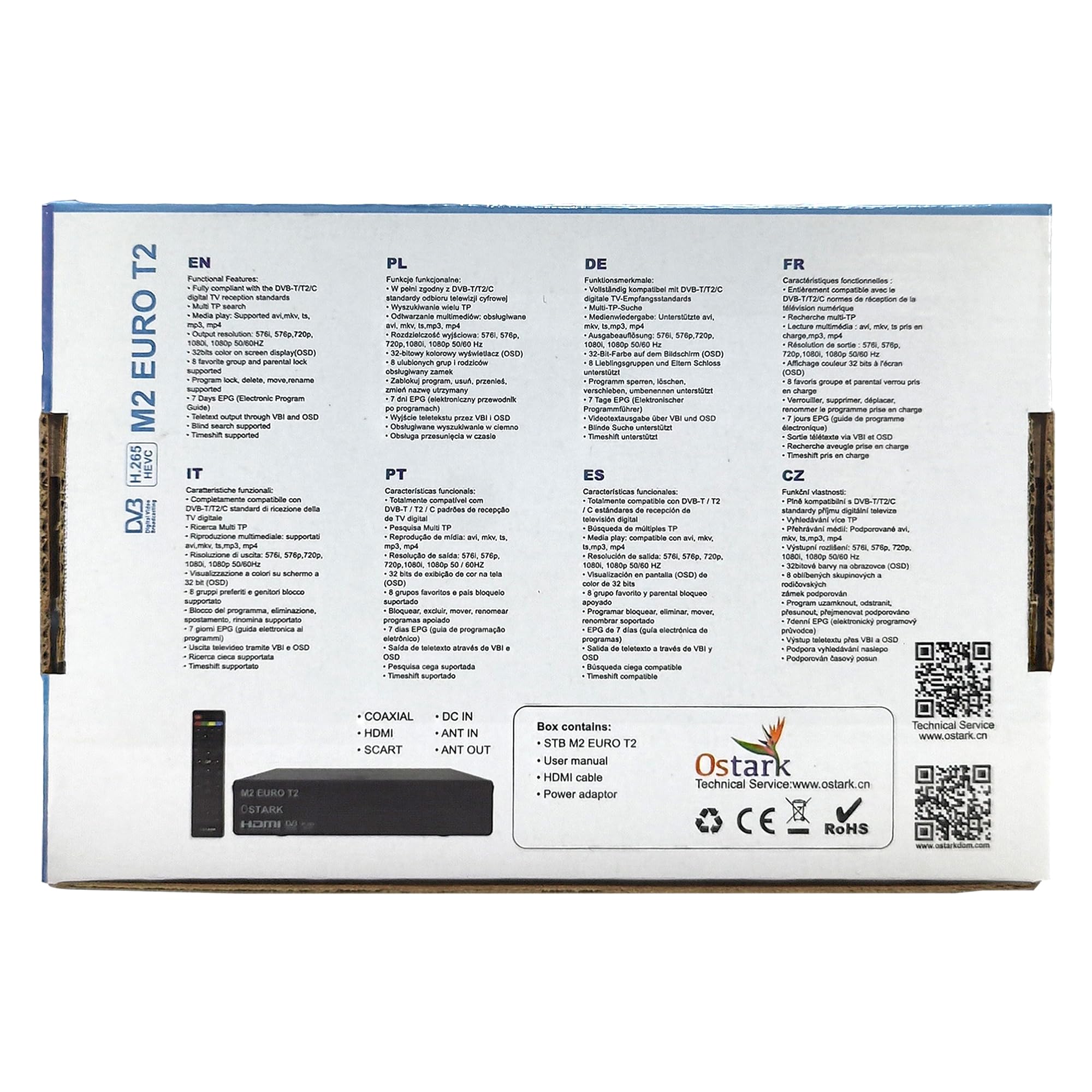 Ostark Euro T2 Ricevitore Terrestre TDT TDT2 FTA DVB-T2 DVB-C, H265 HEVC Full HD PVR, Dual USB, Dual LNB per due televisioni, SCART, HDMI Coassiale