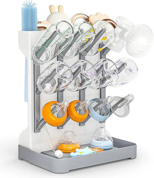 GoMaihe Baby Bottle Drying Rack: Space Saving Vertical Bottle Dryer Holder - Baby Accessories Storage Stand Organize Brushes Pacifiers on Countertop - BPA-Free - Gray