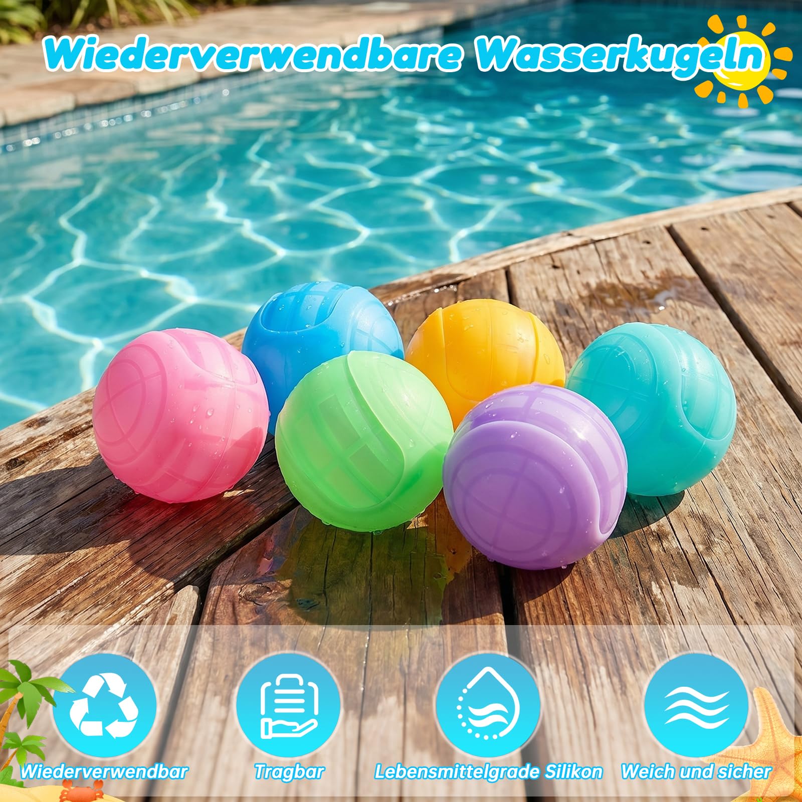 12 Stück Wasserbomben Wiederverwendbar, Wasserbomben Selbstschließend, Sichere Silikon Wasserballons, Einhand-Bedienung, Wasserspielzeug für Kinder und Erwachsene, Garten Pool Strand Outdoor Sommer