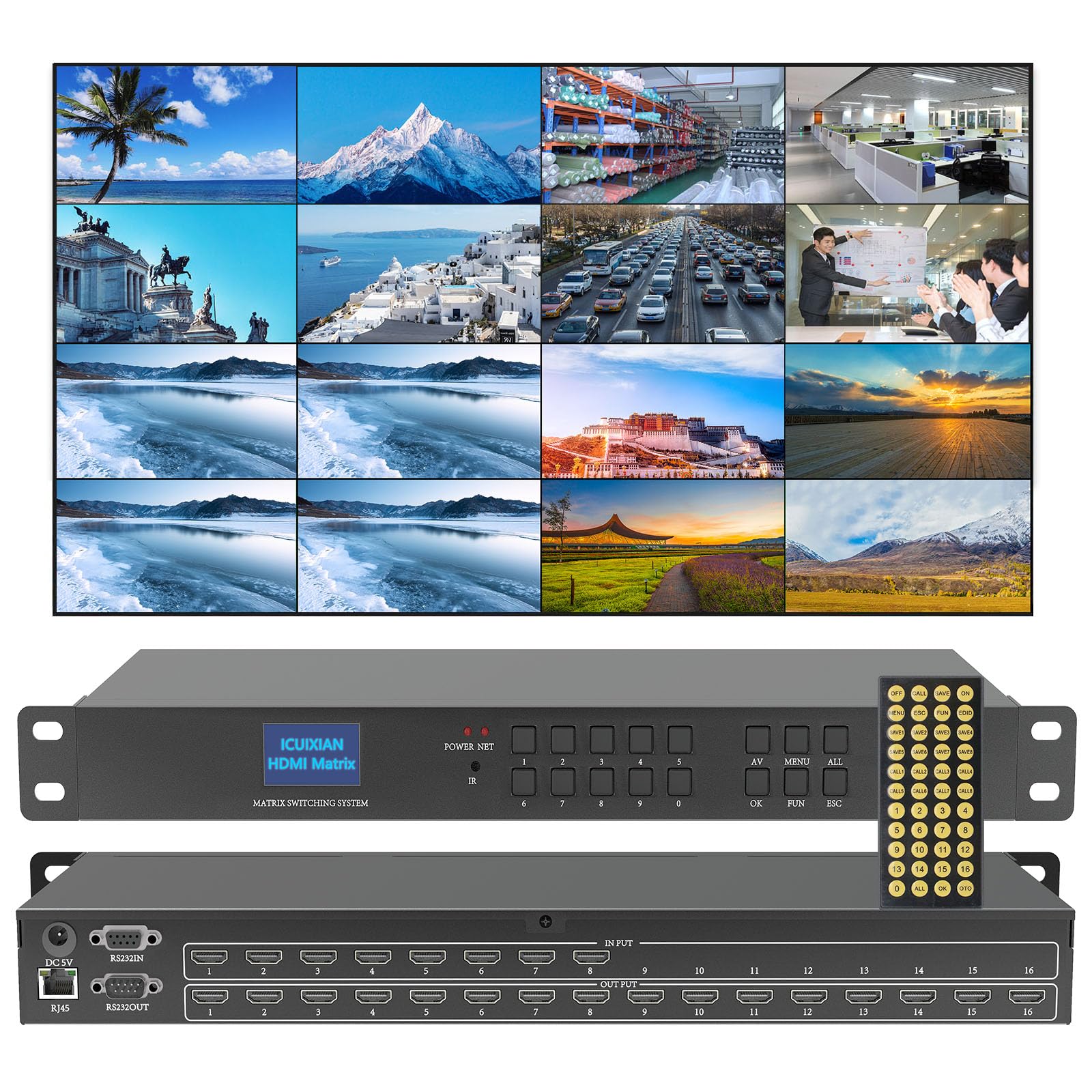 ICUIXIAN 8x16 HDMI Matrix 4K30Hz with Rs232-IR-WEB GUI Control Rackmount HDMI Matrix 8x16 Support EDID, HDCP, Dolby Digital, DTS-HD Main Audio