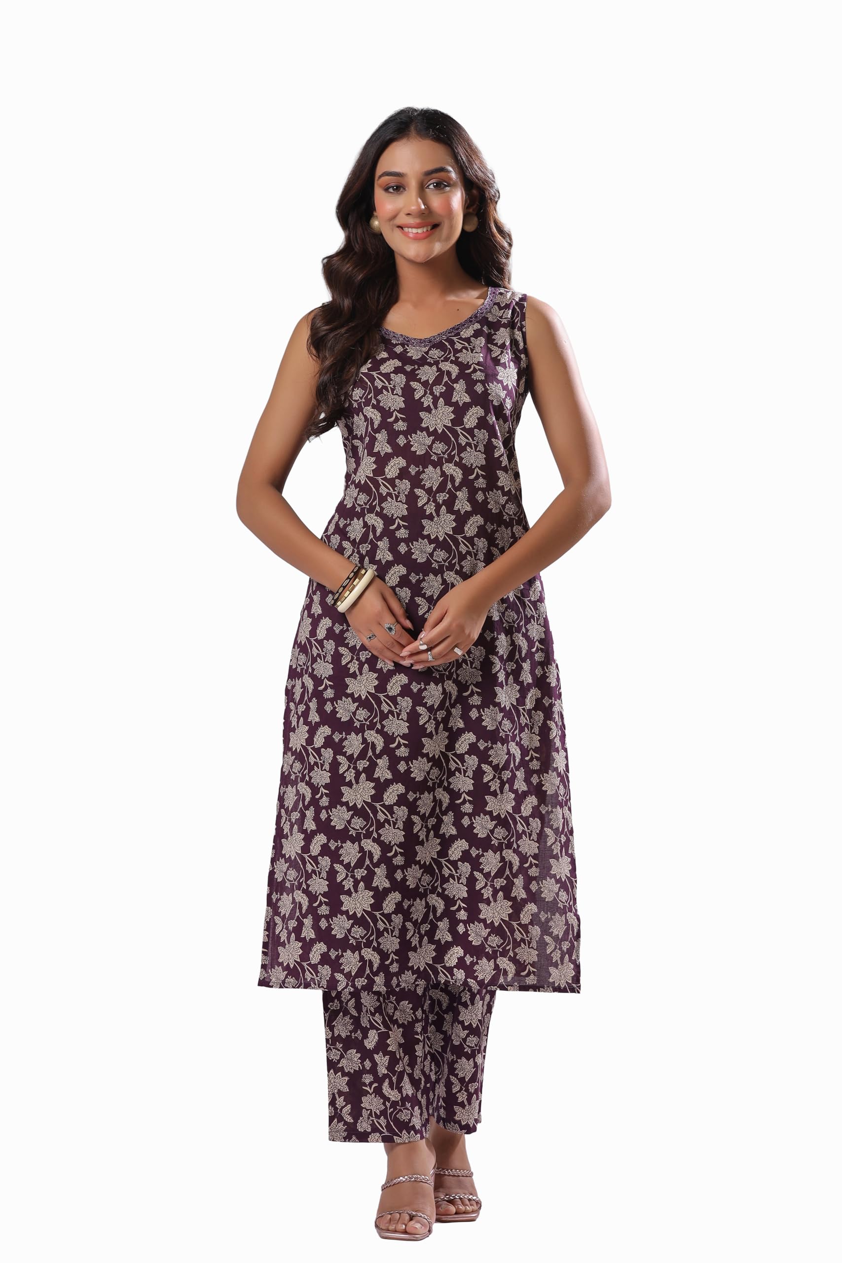 Women Ethnic Kurta and Pant Set |Floral Cotton Kurta for Casual & Office Wear | V-Neck 3/4 Sleeve Ethnic Wear-image-38