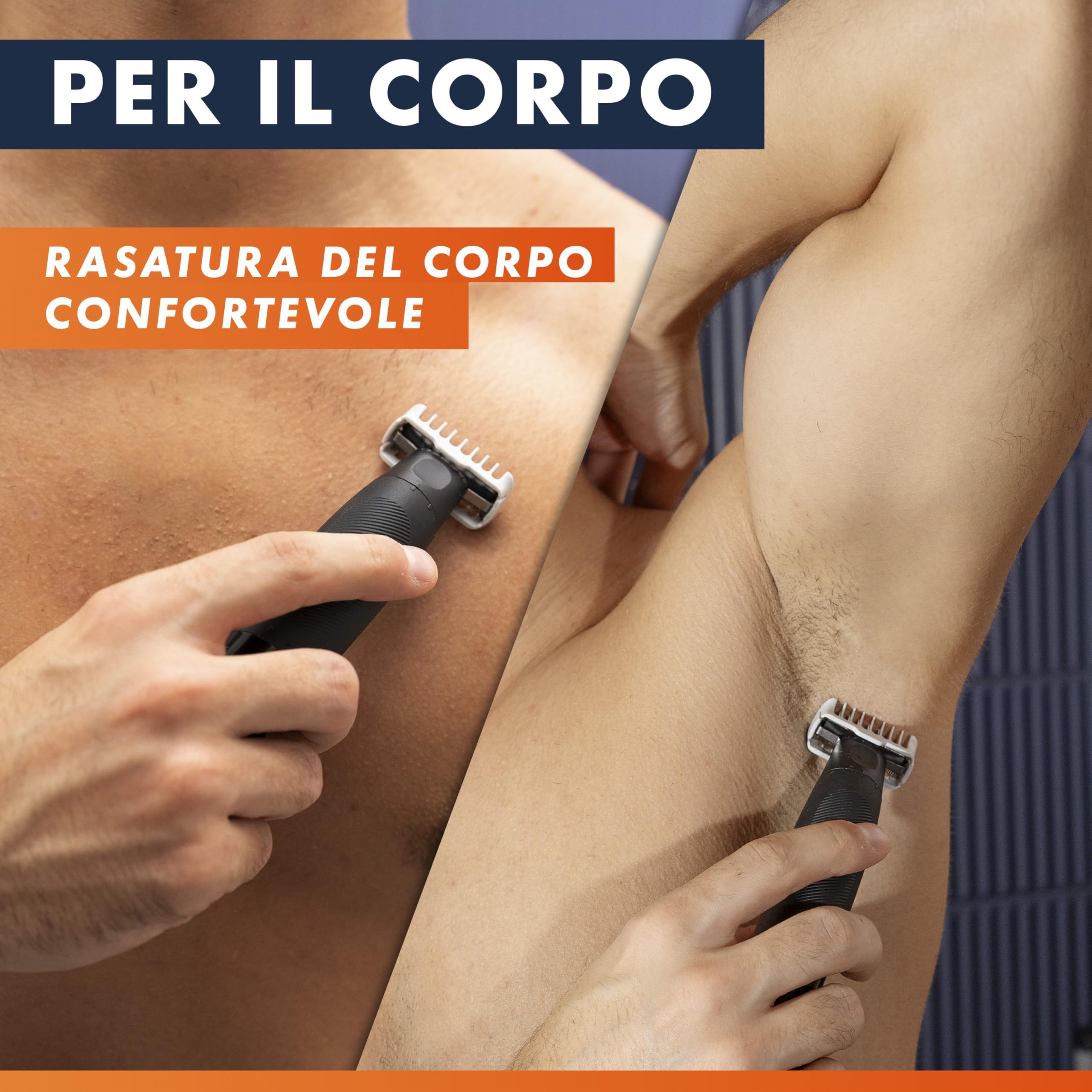 Gillette Fusion One Rasoio Elettrico Uomo Barba e Corpo, 3 Pettini Barba (1,2,5mm) e 1 Pettine Corpo, Testina Oscillante, Lama Ricambio, Impermeabile, Senza Fili, 45 Min Autonomia, Tecnologia Braun | 3 Pettini Barba, 1 Pettine Corpo, Testina Oscillante, L