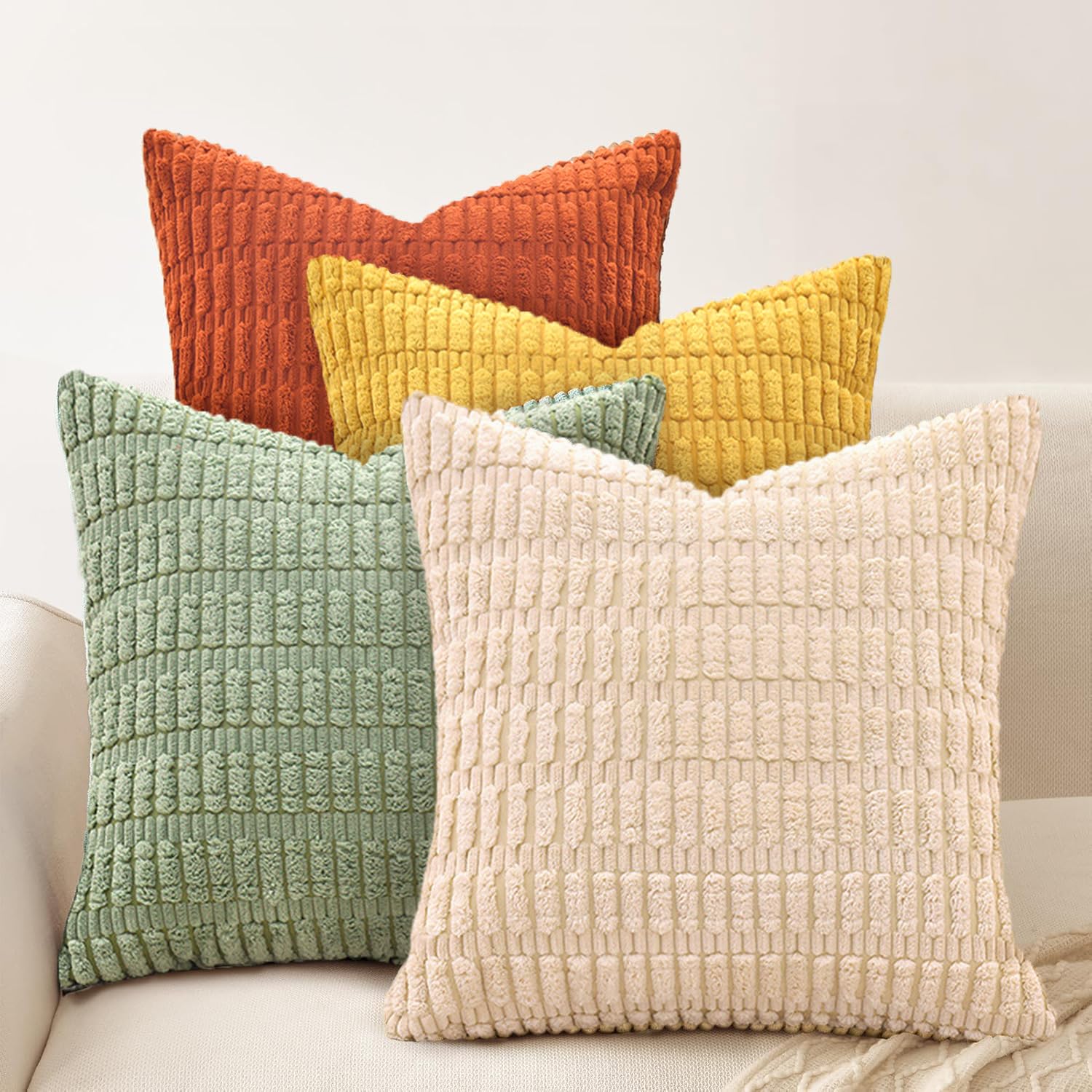 Cogavoo Set of 4 Corduroy Soft Striped Cushion Covers 45x45 cm ,Boho Decorative Square Throw Pillow Covers 18x18 Inch with Invisible Zipper for Sofa Couch Bedroom Decorative Fluffy Large Pillowcases