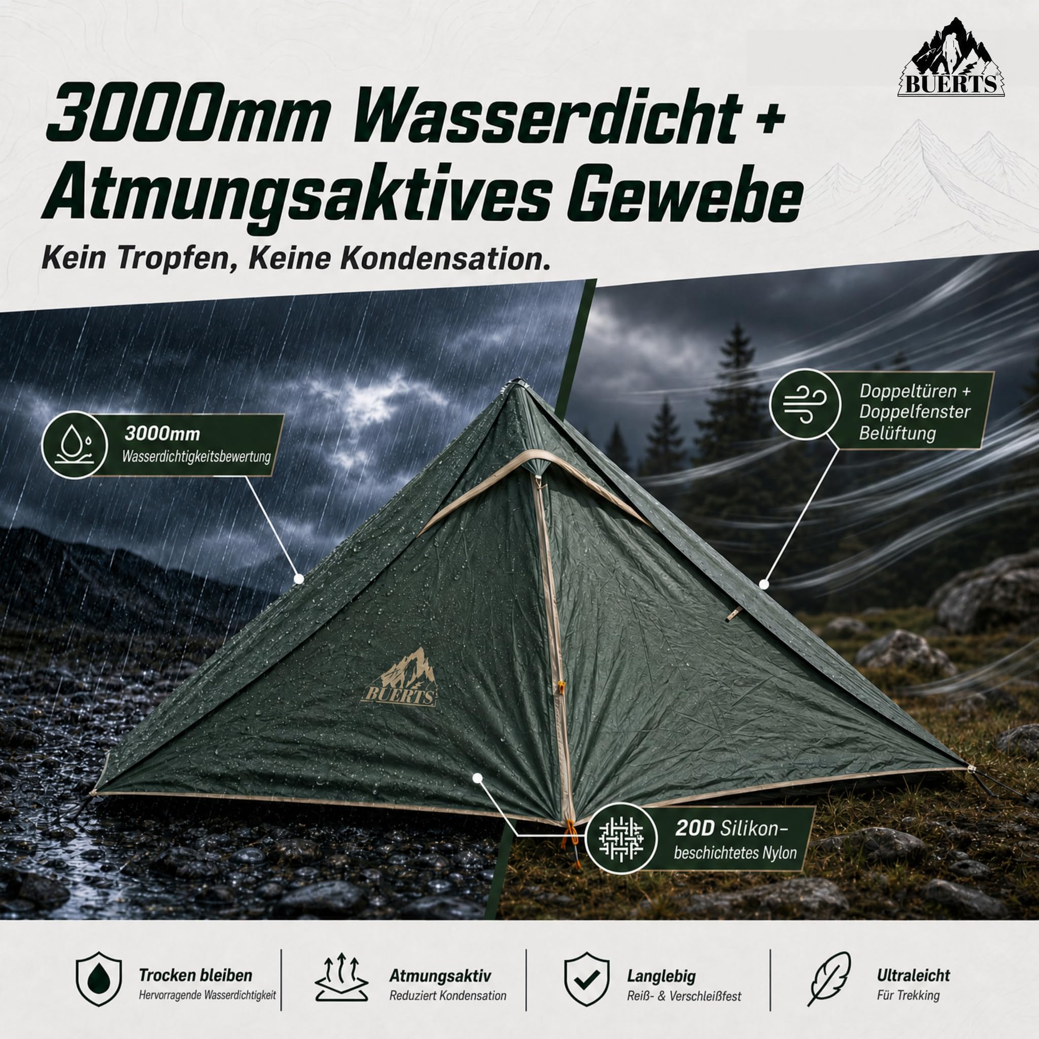 Ultraleicht Trekkingzelt, 4-Jahreszeiten wasserdicht, einfacher Aufbau, für Wandern, Klettern & Camping.