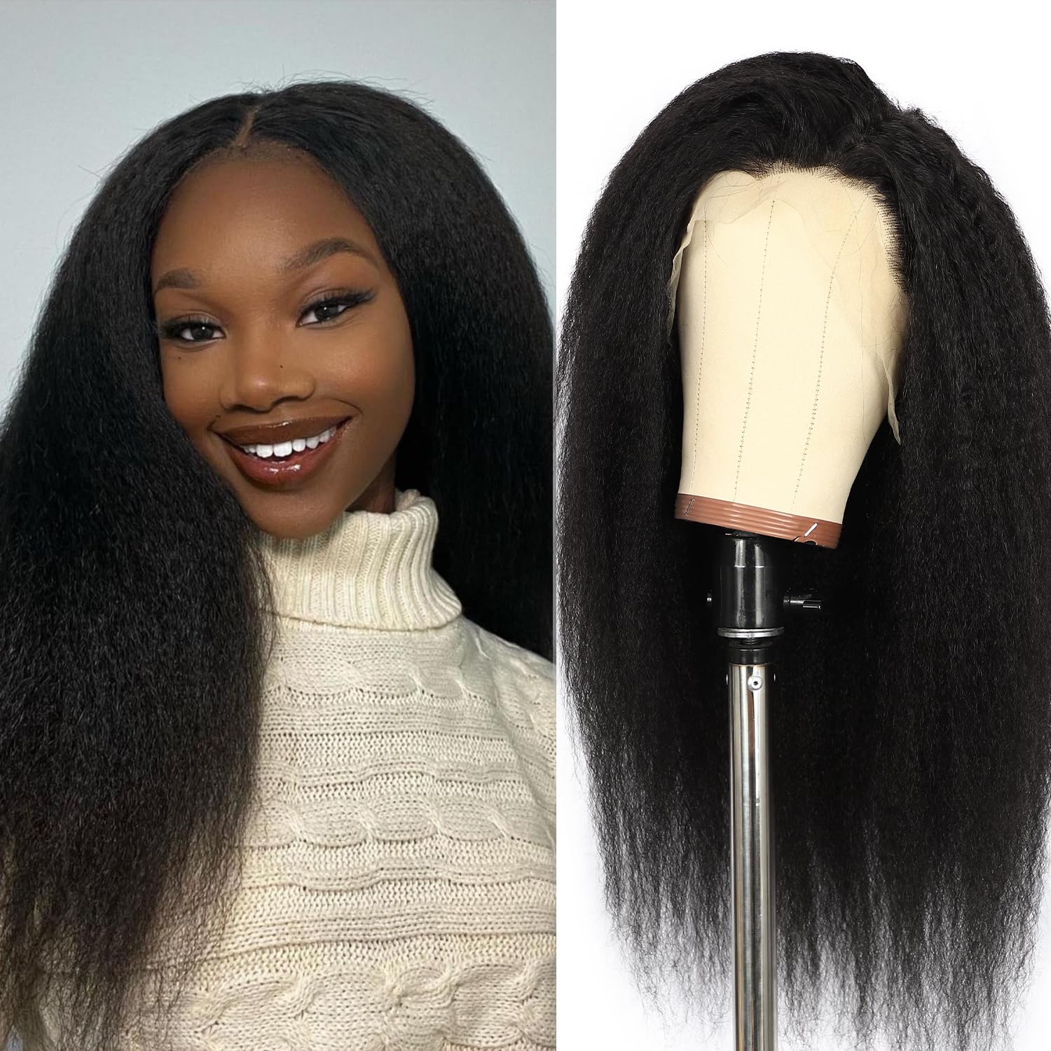 13x4 Kinky Straight Lace Frontal Human Hair Wig, kinky straight Glueless Human Hair Wigs Pre plucked Bleached Knots 180% Density 24 Inch