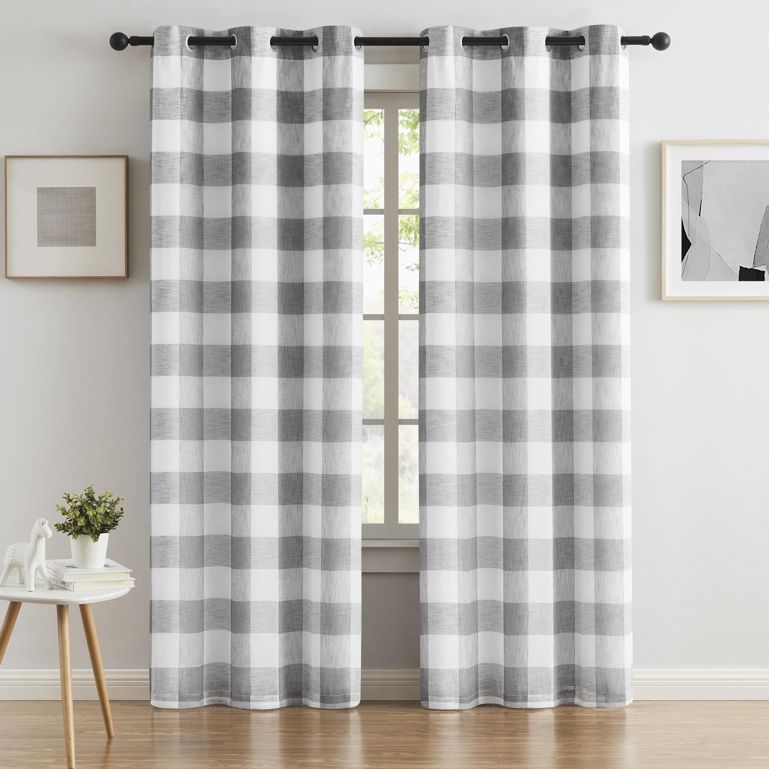 Bapawfish 90 Inches Buffalo Plaid 100 Blackout Window Curtain Panels with Liners,Farmhouse Linen Textured Drapes,Grommet Energy Efficient Window
