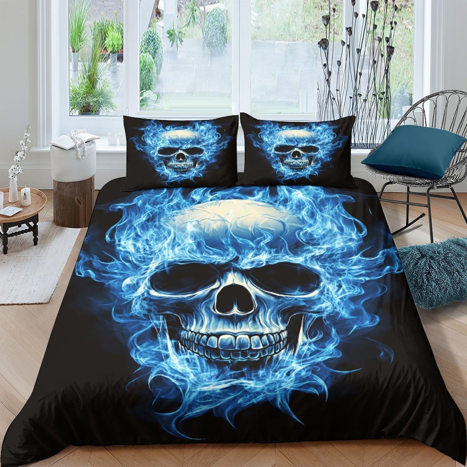 Ctjqhvkz Style-3 3D Printed Blue Flame Skull Fitted Sheet Microfiber Soft Bed Sheet Gothic Bedroom Mattress Cover Decor Single（135X200cm）