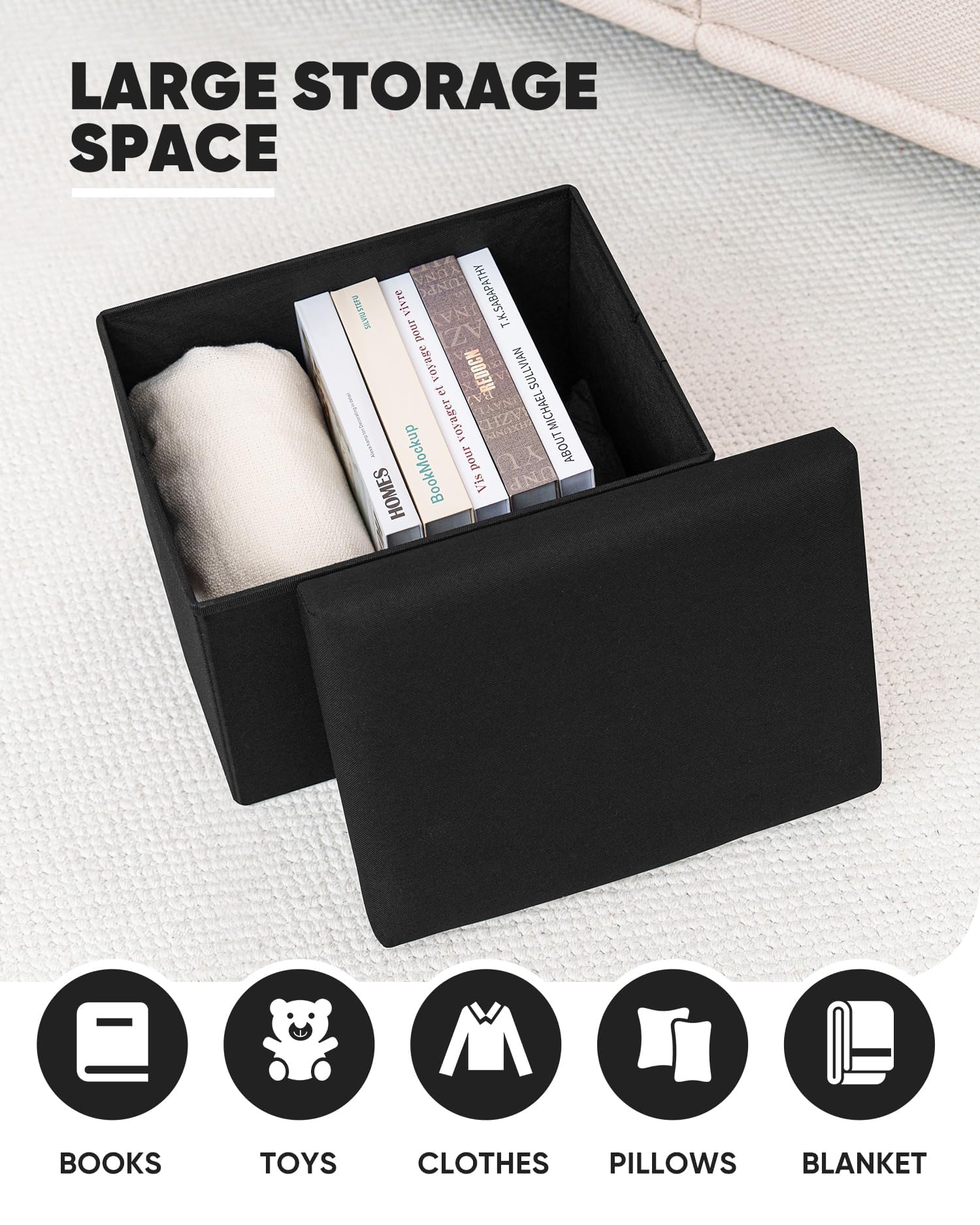 Bonlife Black Ottoman Storage Box, Foldable Rectangular Footstool for Living Room Kids Toy Chest with Lid - Image 4