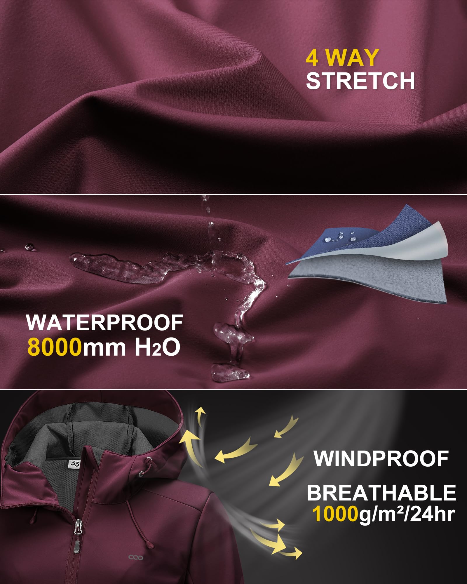 33,000ft Giacca softshell da donna, impermeabile, antivento, traspirante, da corsa, leggera, con cappuccio, per corsa, ciclismo, escursionismo, primavera, autunno