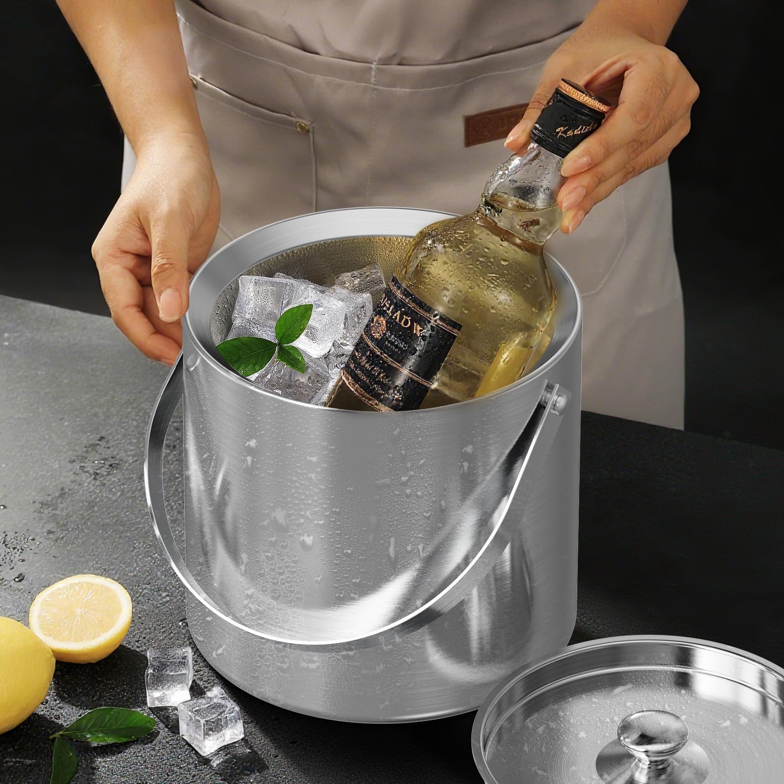 Secchiello per ghiaccio per feste, 3 litri, isolato, con coperchio, paletta per ghiaccio e colino, per cocktail bar, portatile, in acciaio inox, a doppia parete, mantiene il ghiaccio freddo e