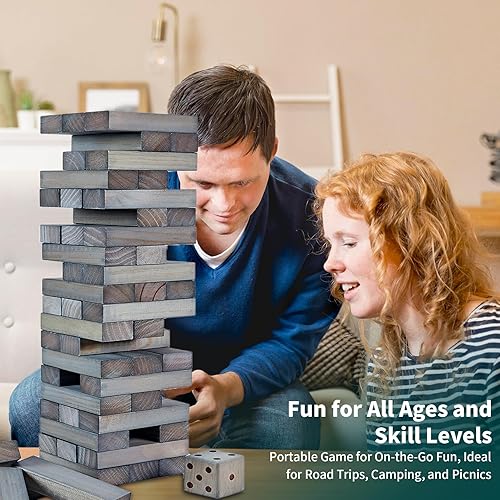 Miniatura 6 de ApudArmis Juego de 54 piezas de madera de madera de pino de hasta 3.2 pies, juego de torre de madera de pino con dados y juego de marcador, juego