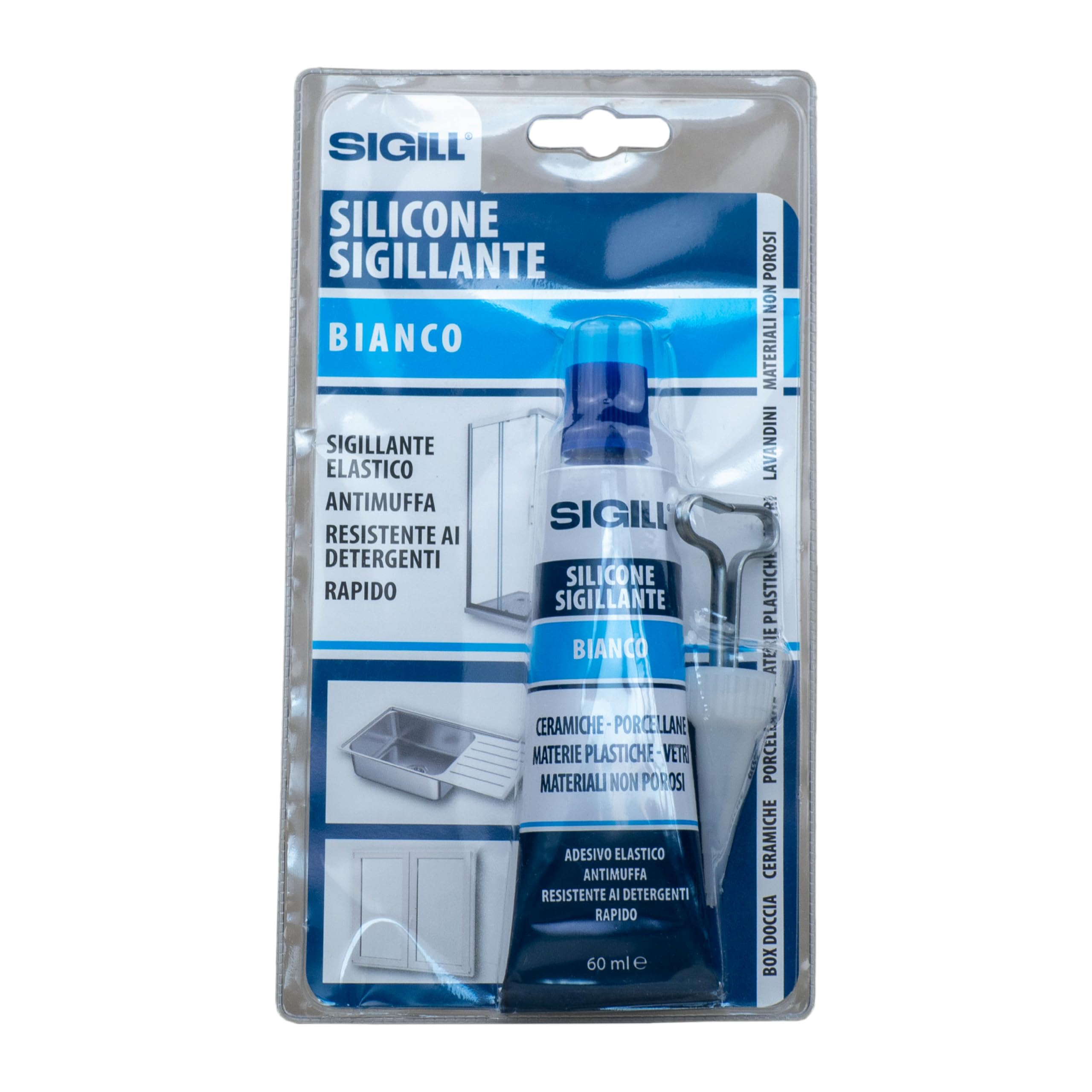 SIGILL, Silicone Sigillante con Chiavetta Stringi Tubetto e Beccuccio Dosatore, Resistente alle Muffe e ai Detergenti, Rapido, Elastico e Forte, Colore Bianco, Tubetto da 60 ml