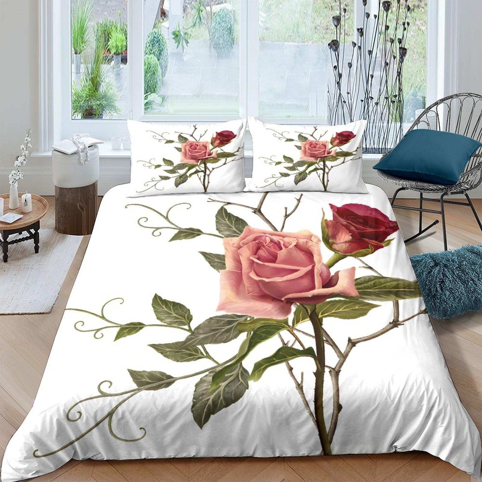 TUFRTGYHN 3D Printed Rose Floral Duvet Cover Microfiber Soft Breathable Vintage Botanical Quilt Cover Set with 2 Pillowcases for Bedroom Decor Single（135x200cm）