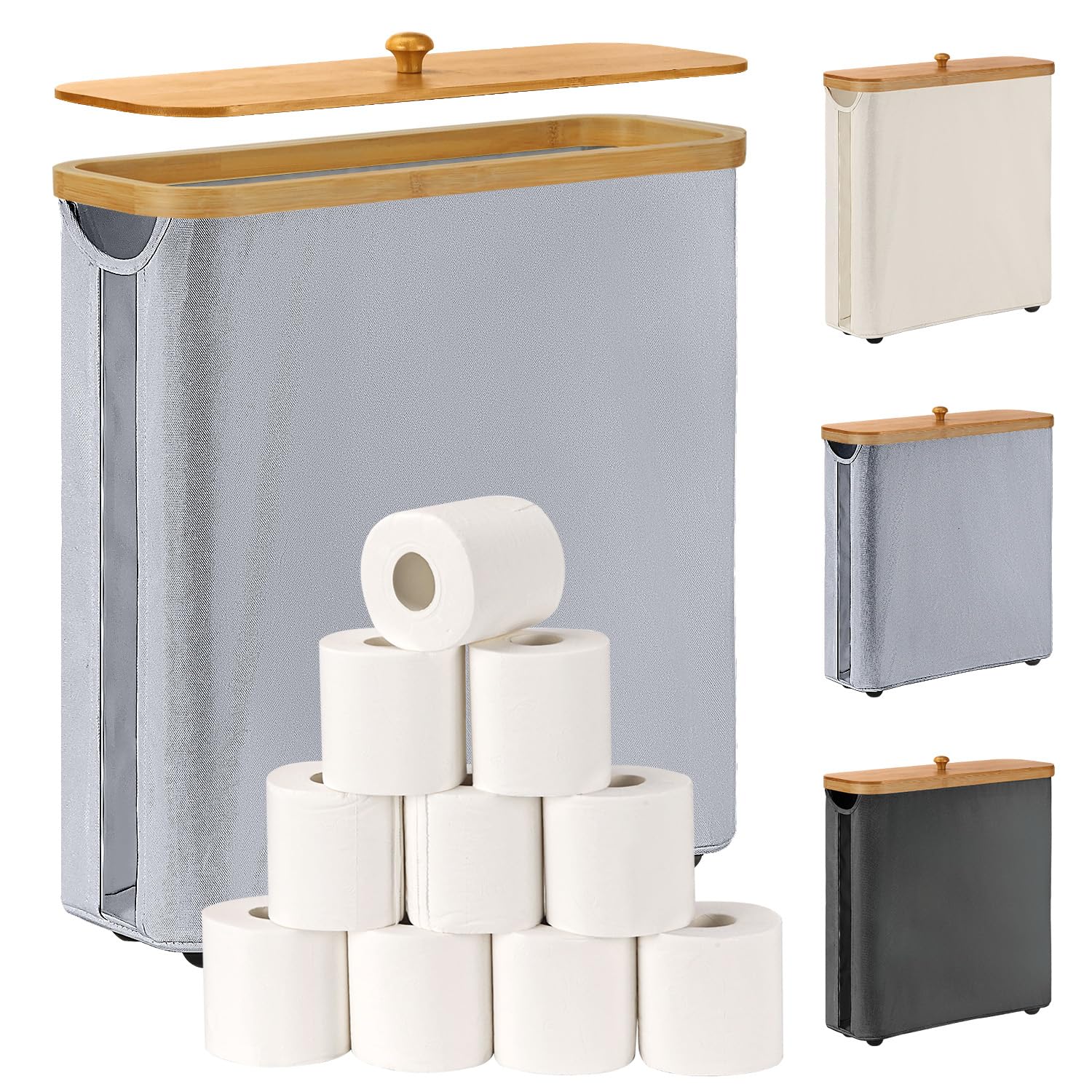 LAYVIC Toilet Paper Storage Basket with Bamboo Lid, Large Storage for Up to 9 Mega Rolls or 12 Regular Rolls, Toilet Paper Organizer for Bathroom (Grey)