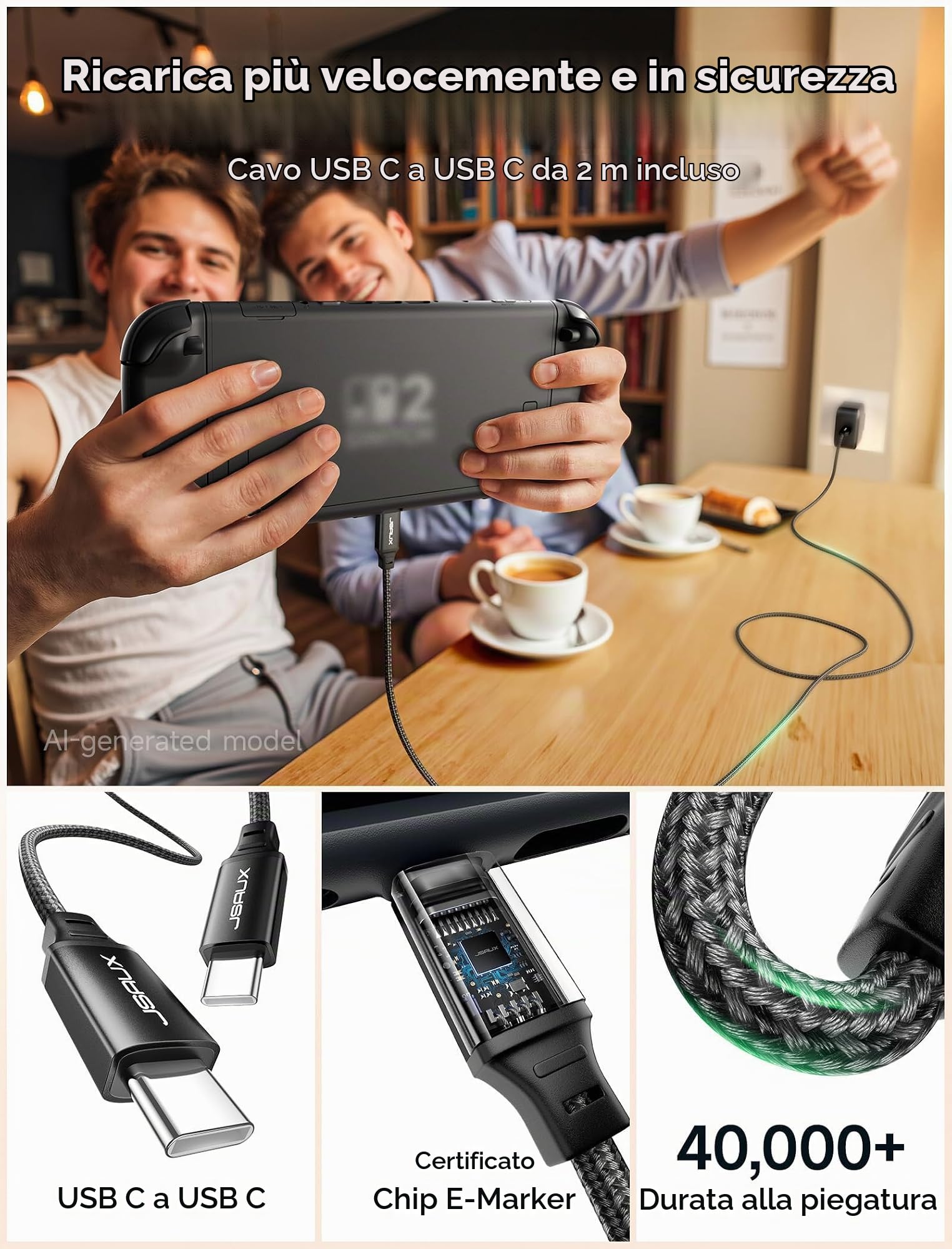 JSAUX Caricatore USB C da 65W per Nintendo Switch 2, alimenta in modalità TV, con spine EU/UK e cavo da 2 m, ricarica rapida per console, smartphone, tablet e laptop – Nero