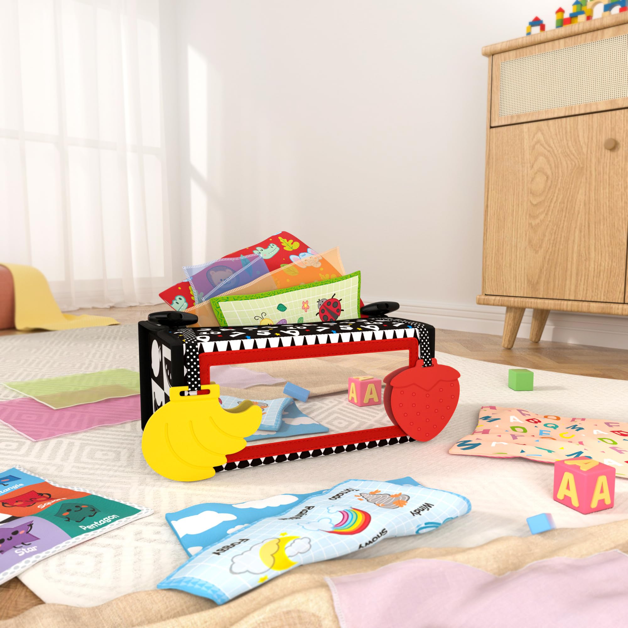 Dr.Rapeti 3in1 Giocattolo a Scatola di fazzoletti, Scatola di Fazzoletti per Neonati, Specchio per Bambini Giochi Sensoriali, Giocattolo per Bebè, con Sciarpe di Seta