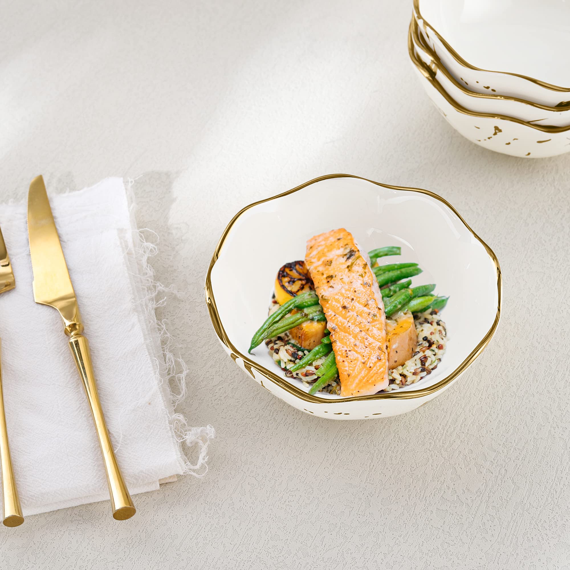 fanquare 4 Stück Weiße Gold Marmor Müslischalen Set, Japanische Ramen Schüssel Set, Klein Dessertschalen Keramik für Suppe, Salat, Pasta, Reis