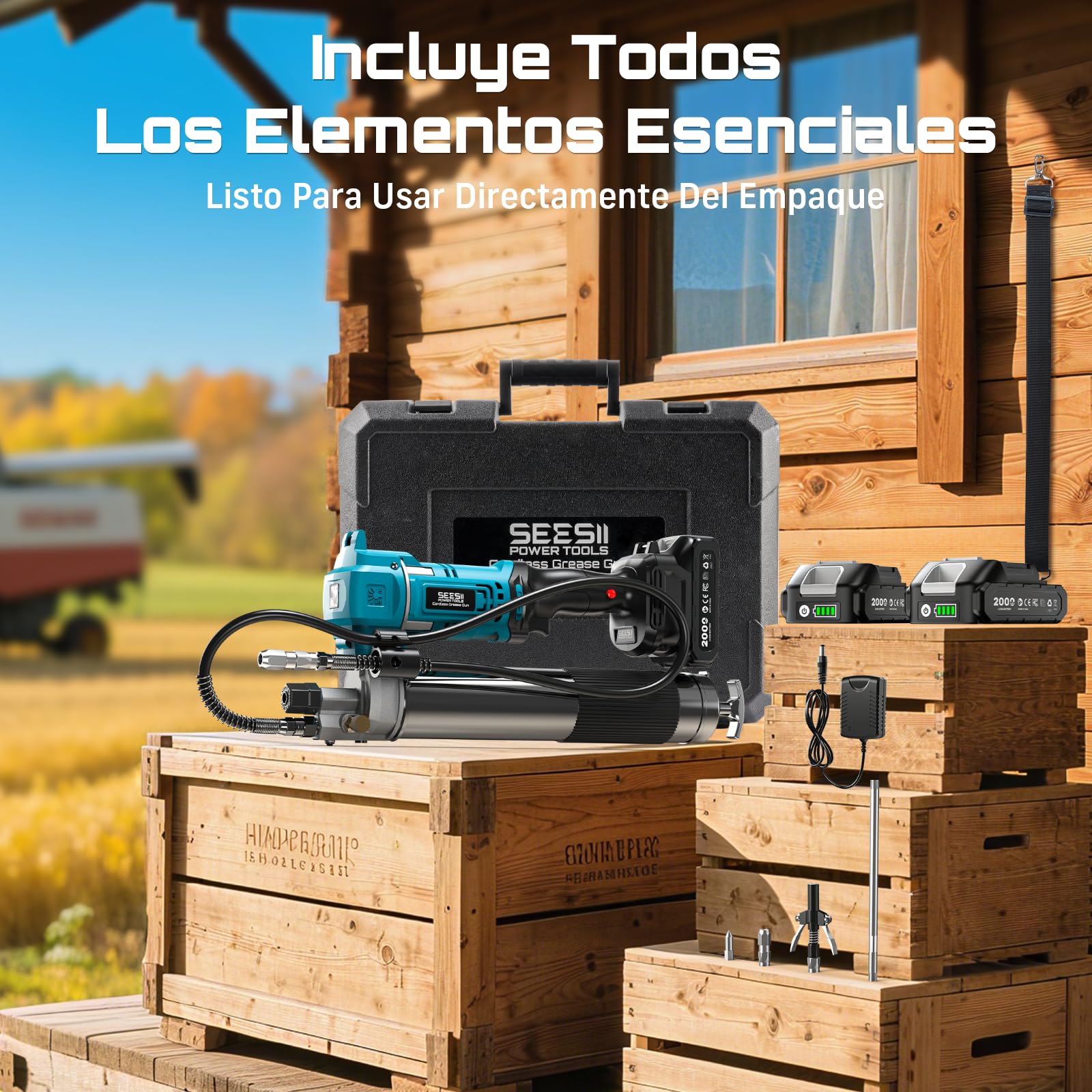 Seesii Engrasadora Bateria: Eficiencia Pistola de Grasa eléctrica 6,4 oz/min 10000 PSI, 2 * 2,0 Ah baterías, con Manguera Larga de 39.4'',diseñada para Agricultores, Camioneros y Equipos Pesados