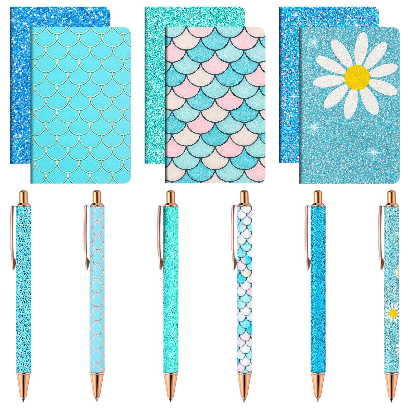 12 Set Cute Mini Notebook and Fancy Pen Gift Set for Women 6 Mini Glitter Pocket Notepad 6 Cute Sparkly Glitter Pen for Girl Office First Day of