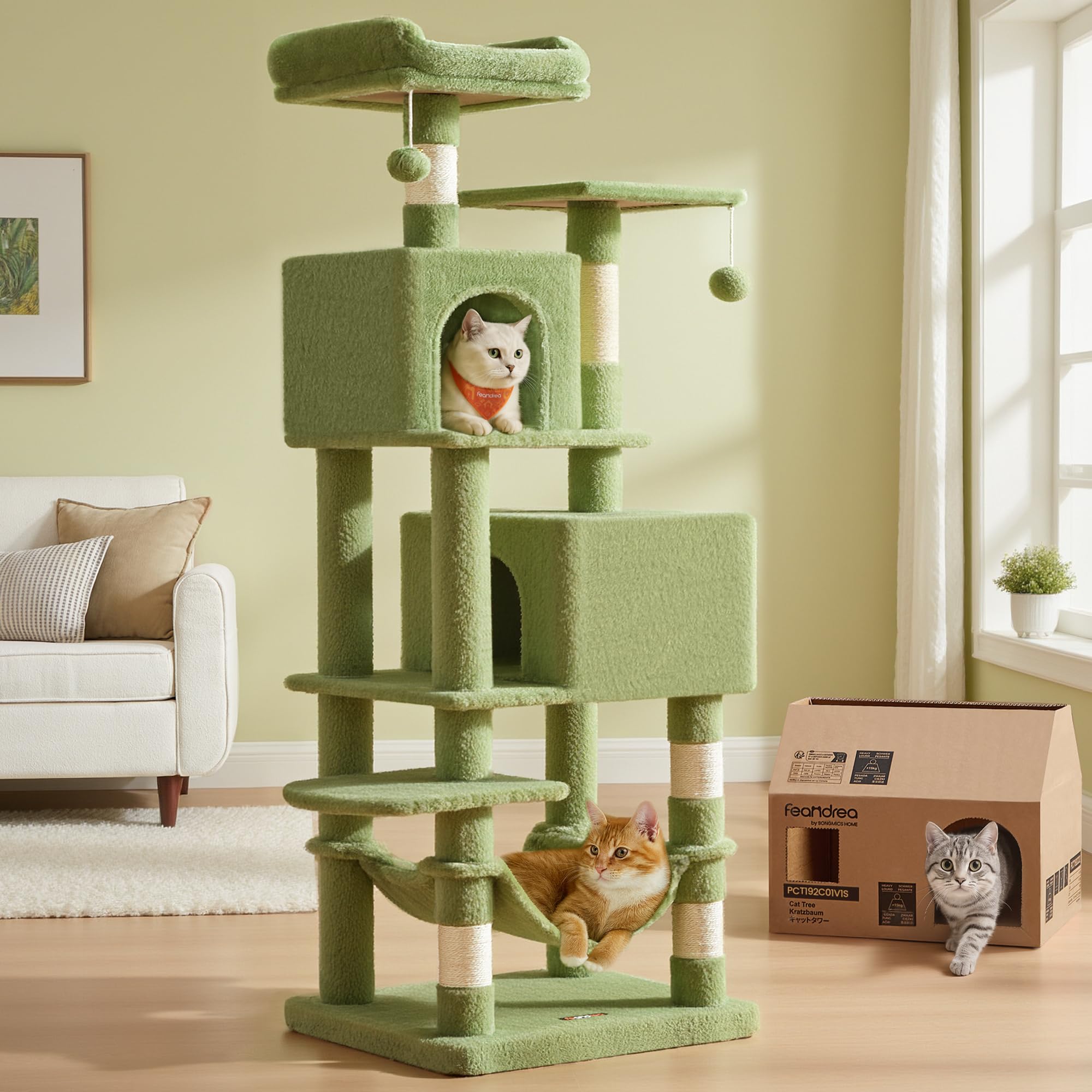 Feandrea Cat Tree, 61-Inch Cat Tower for Indoor Cats, Plush Multi-Level Cat Condo with 5 Scratching Posts, 2 Perches, 2 Caves, Hammock, 2 Pompoms, Grass Green UPCT192C02
