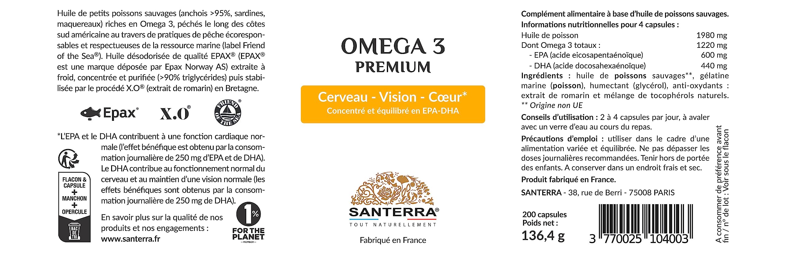 Omega 3 Santerra - 200 Capsules de 500 mg d’Huile de Poisson, EPA DHA