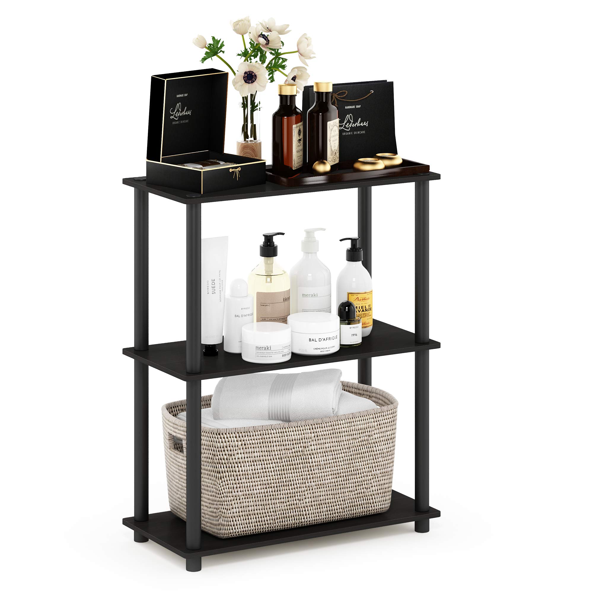 Furinno TURN-N-TUBE Storage Shelves, 3-Tier Book Shelf, Corner Shelf, Toolless Open Shelves, for Organization and Storage, Living Room, Garage, Home Office, Espresso