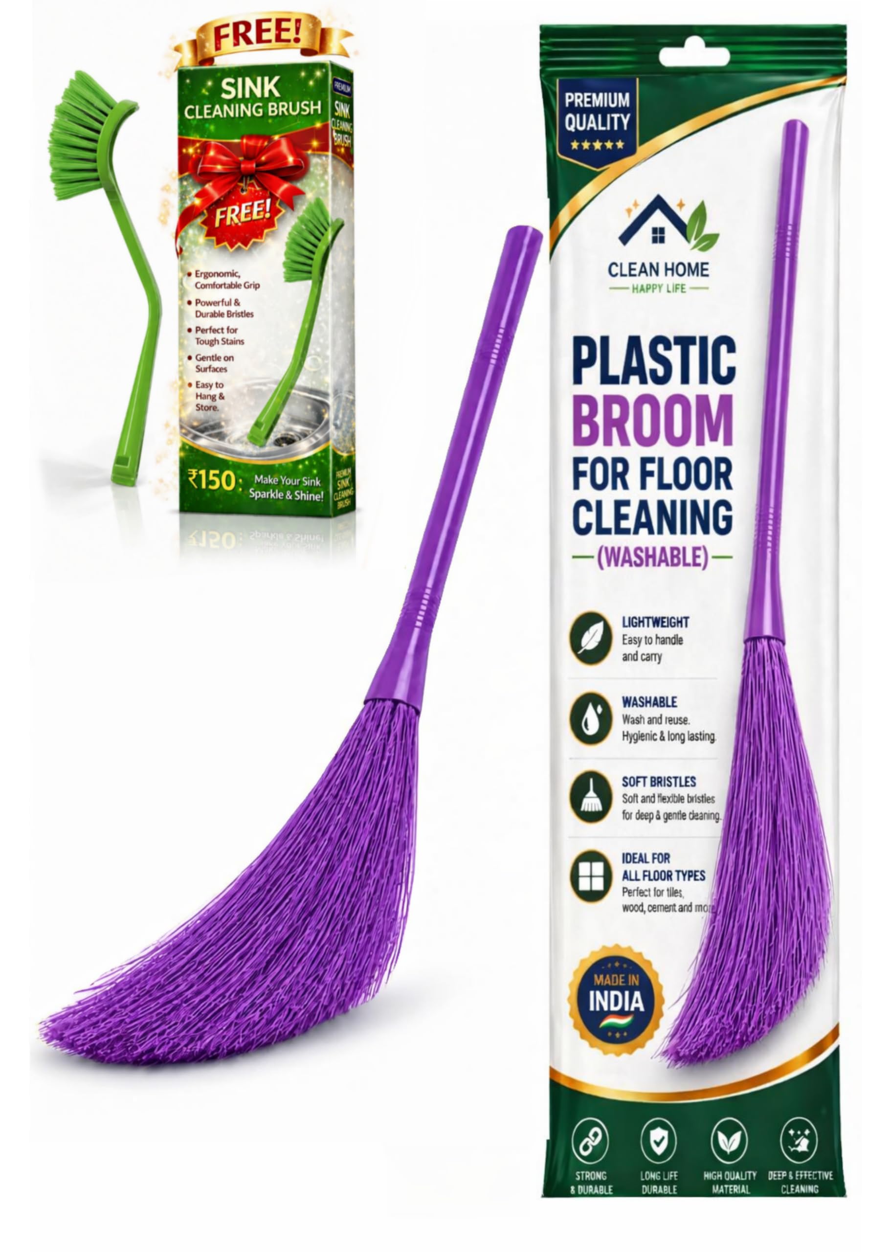 Floor Cleaning Plastic Broom with Long Handle | Washable Heavy Duty Plastic Jhadu for Home & Outdoor Cleaning | Lightweight Non Dust Broom 1 pic (Multicolor)-image-44