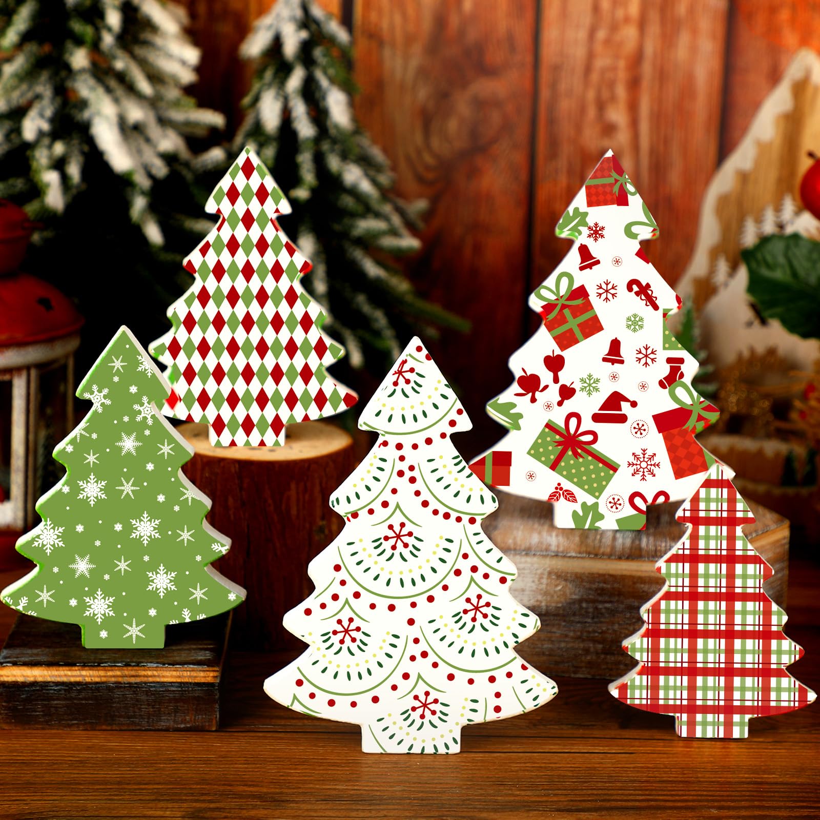 Huwena 5 Pcs Christmas Table Decoration Wooden Christmas Tree Tiered Tray Decor Christmas Centerpiece Gift Box Red Green White Buffalo Plaid Indoor Christmas Tree for Shelf Mantel Fireplace Home Party