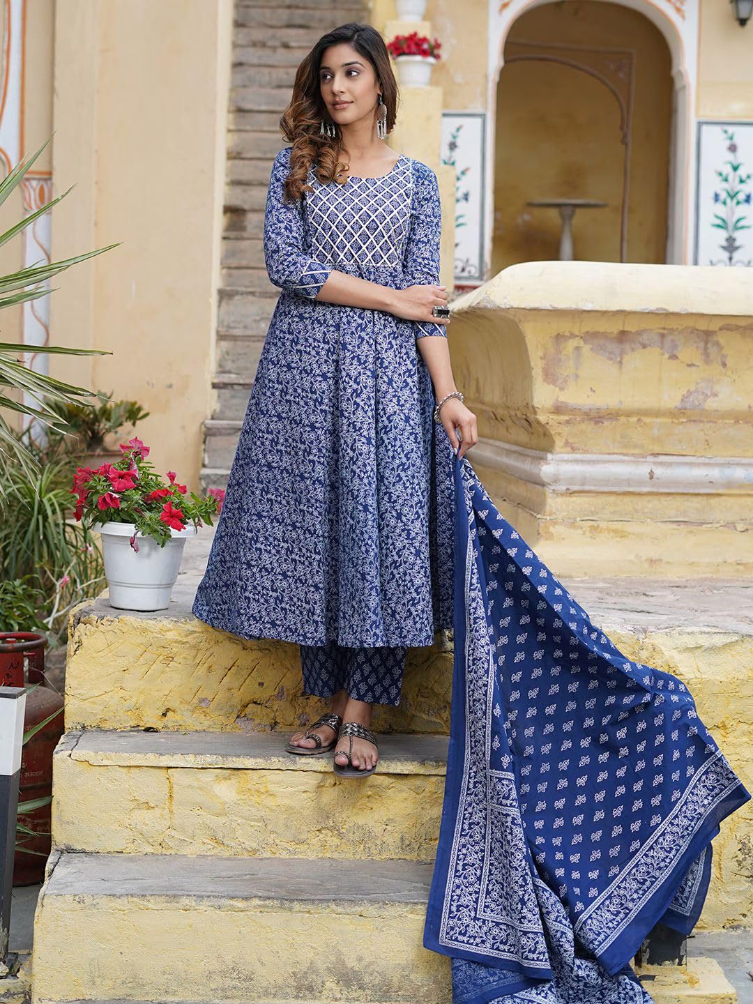 Amayra Rayon Women's Printed Anarkali Kurta with Pant and Dupatta Set(Tck515,Blue,Large) 4