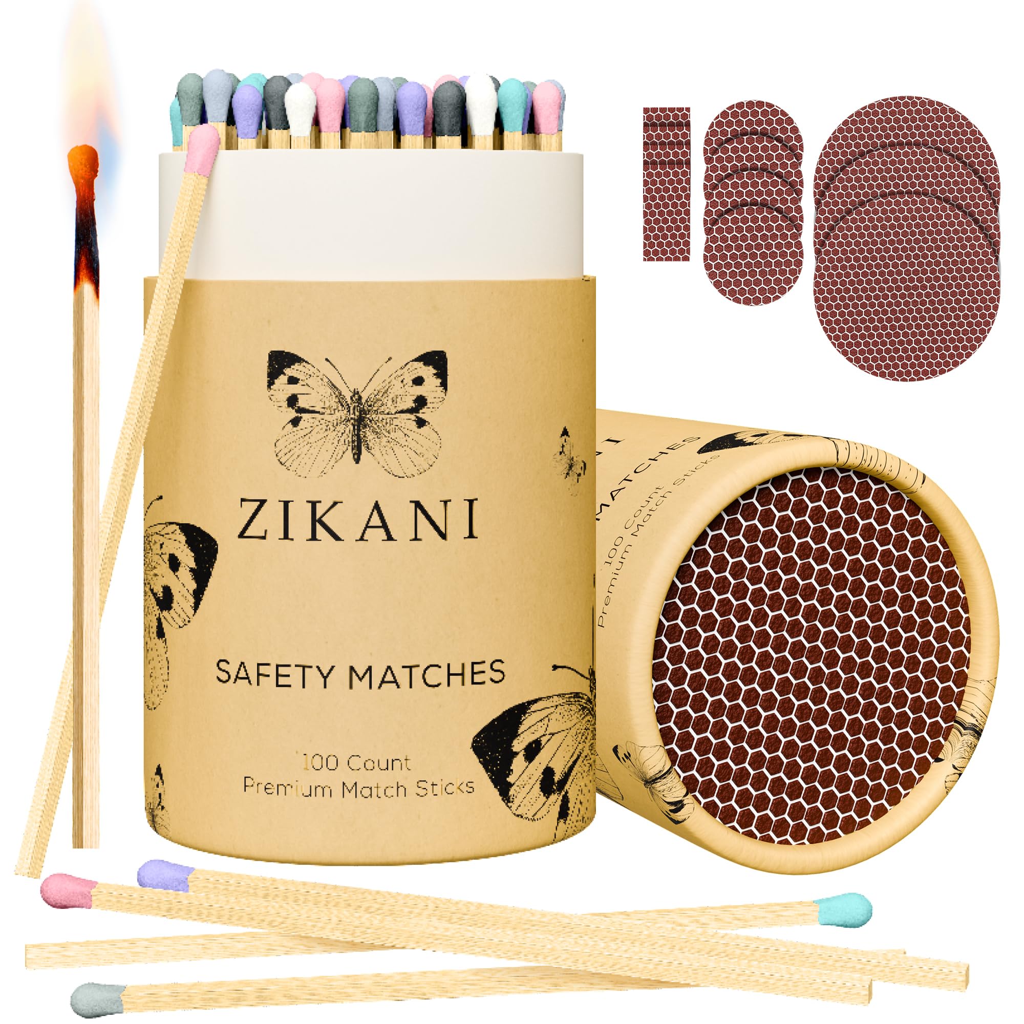 Rustic Charm Fancy Matches: 100 4-Inch Rainbow Tip Matches + Striker | Kiln-Dried Wooden Artisan Matchsticks for Decorative Cloche Jars, Fireplaces, and BBQ - 100 Count (Rainbow Tip)