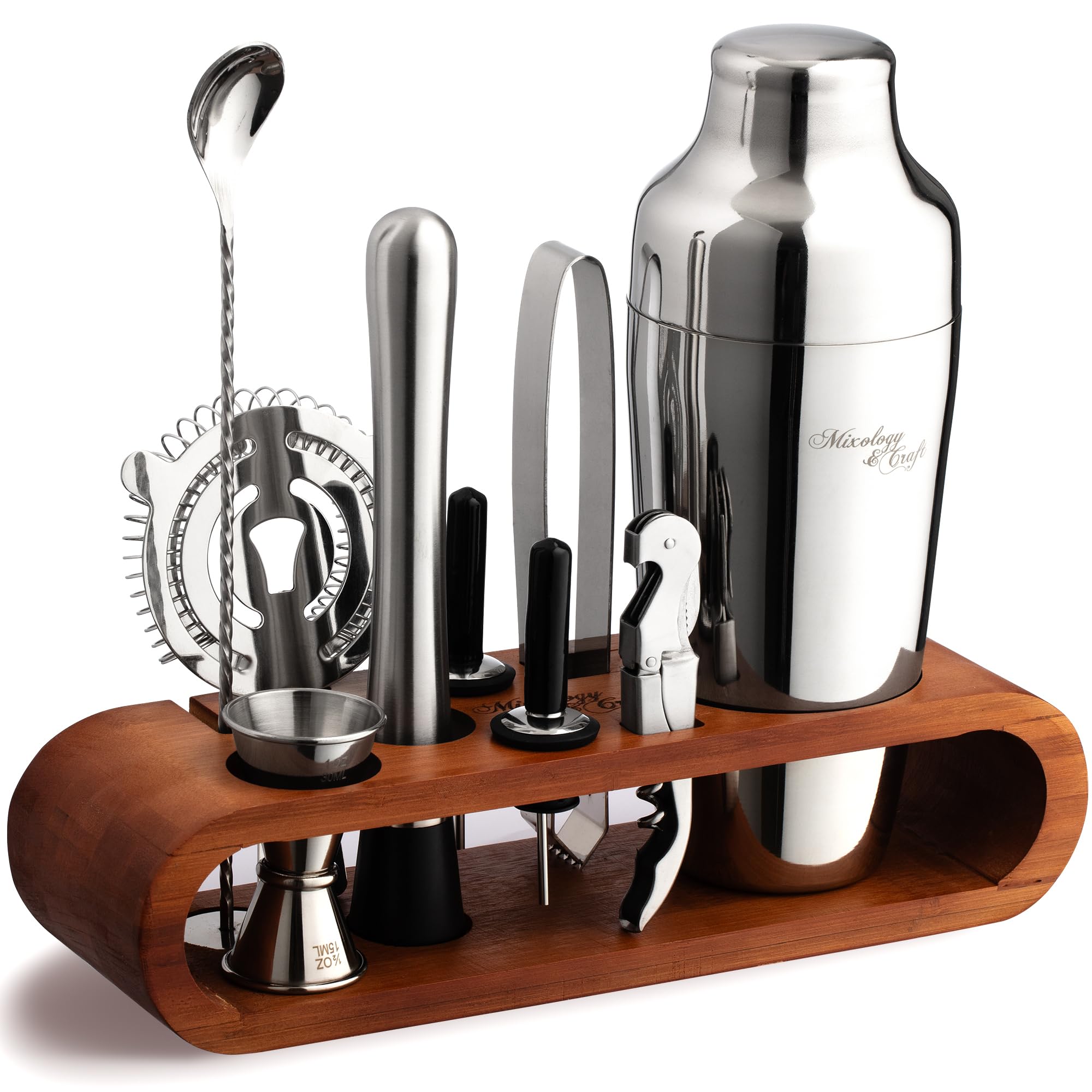 Mixology & Craft Bartender Kit: 10-Piece Bar Tool Set with Mahogany Stand | Perfect Home Bartending Kit and Martini Cocktail Shaker Set Perfect Drink Mixing Experience | Fun Housewarming Gift (Silver)
