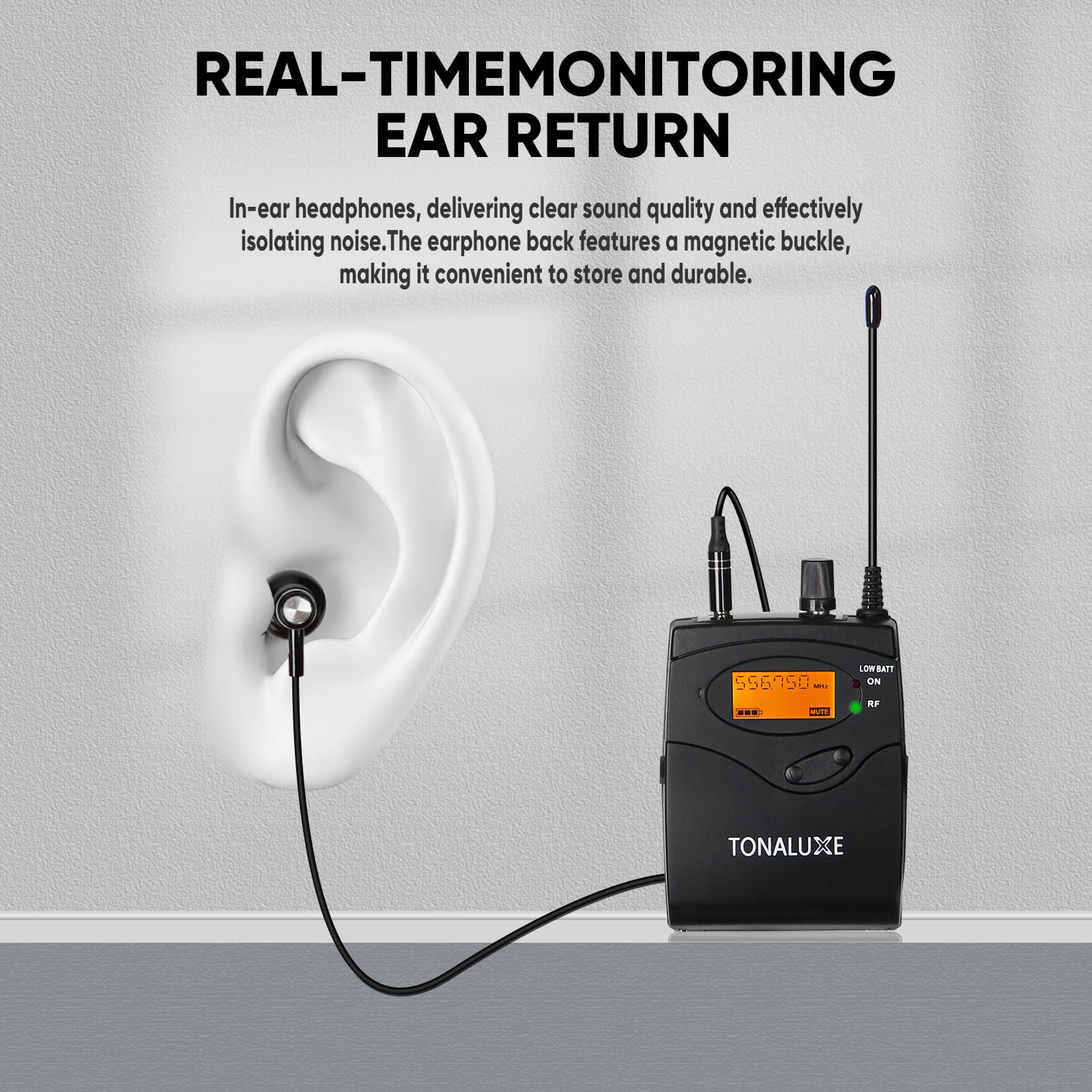 Kabelloses In-Ear-Monitorsystem, Stereo-Mono-IEM-System mit Metall-Rackmount-Sender, 4 Stück UHF-Bodypack-Empfänger mit Kopfhörern, 100 einstellbare Frequenzen, 80 m Reichweite für