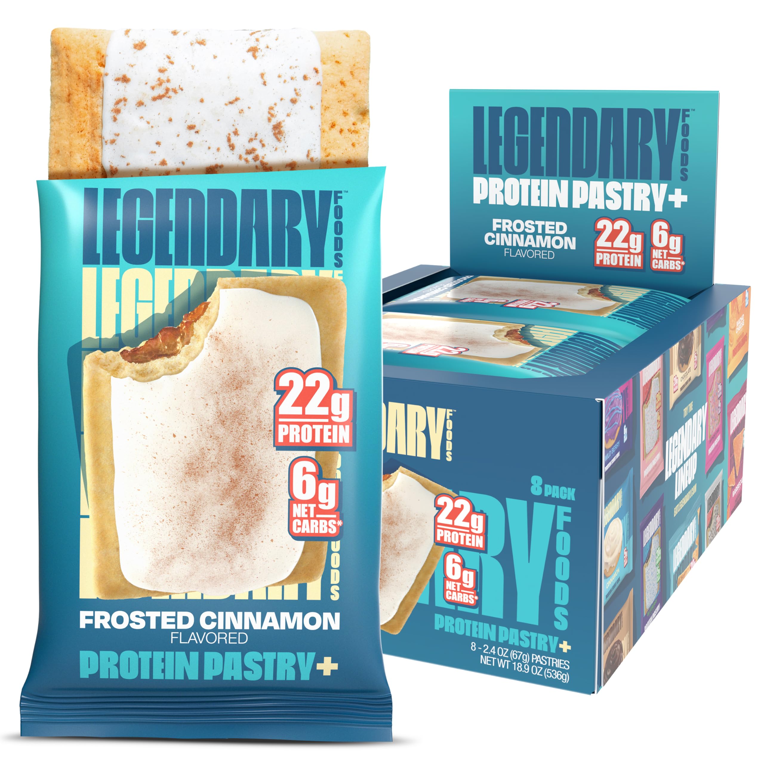 Legendary Foods 22g High Protein Pastry+ Premium Boosted - Low Carb Meal Replacement Bars x 8 - Gluten Free Protien Snacks - Healthy Keto Snack Box - Low Sugar Energy Bar - Bariatric Diabetic Friendly Frosted Cinnamon