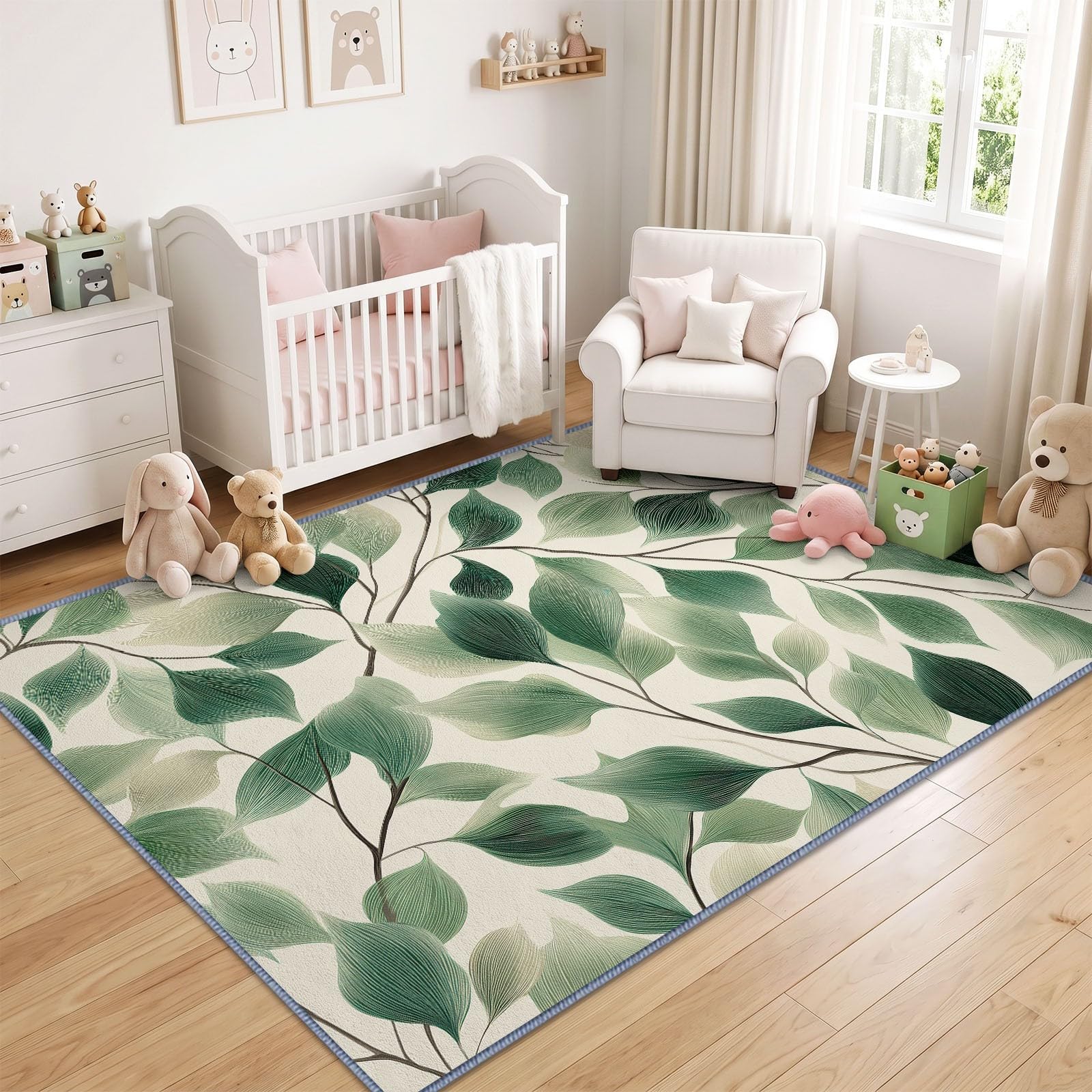 Générique Botanique Tapis, 160 x 230 cm, Branche Feuille Sauge Verte Décoration Moquette avable Salle de Tapis, Pliable Doux Réduire Bruit Lancer Moquette pour Chambre à Coucher