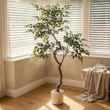 Ficus Tree Artificial 6FT, Hand-Painted Trunk Tall Fake Plant with Planter