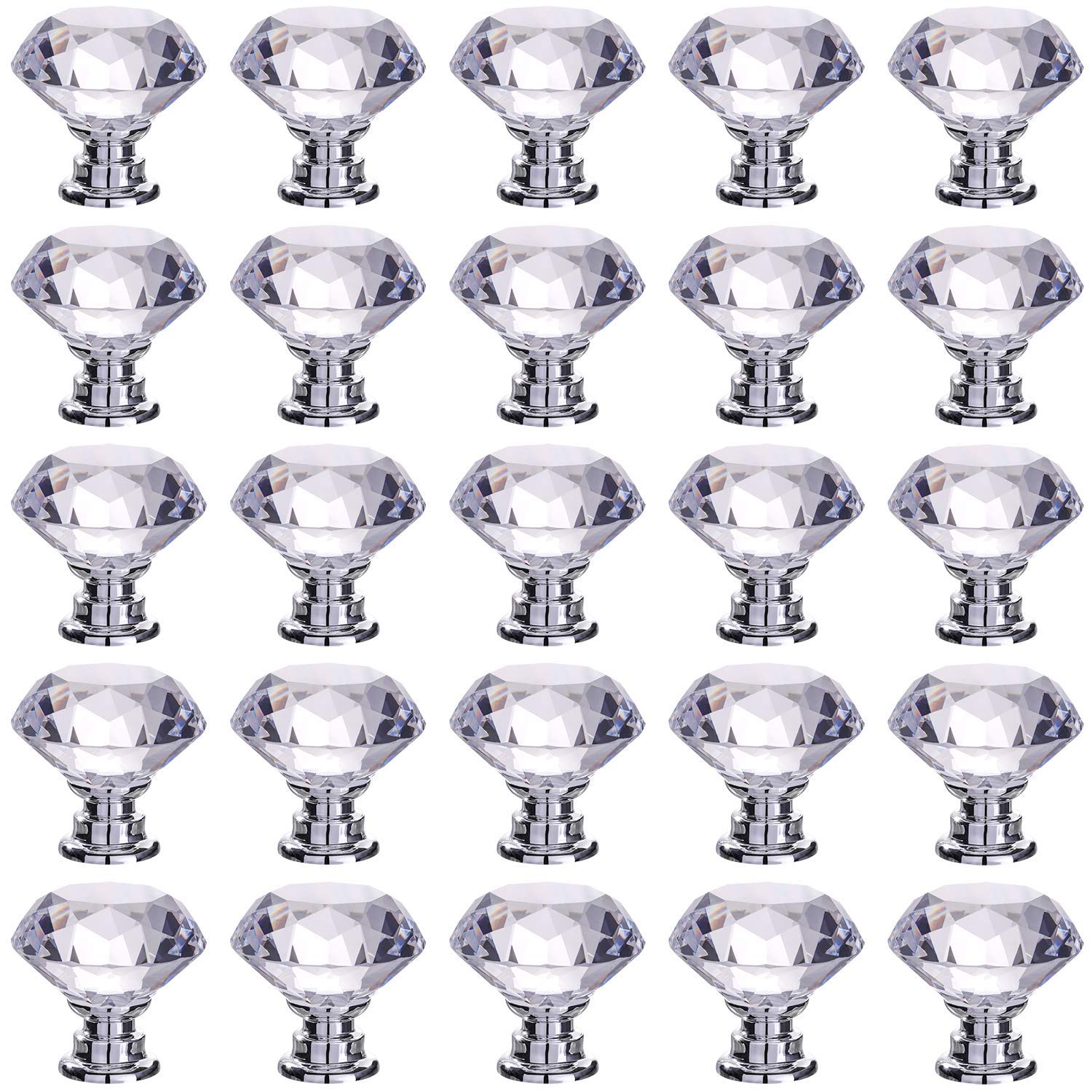 NVTED Cabinet Knobs Drawer Pulls, Diamond Shape Crystal Glass Drawer Cabinet Pull Knob Handle Kitchen Door Wardrobe Hardware (25 Pieces, Silver)