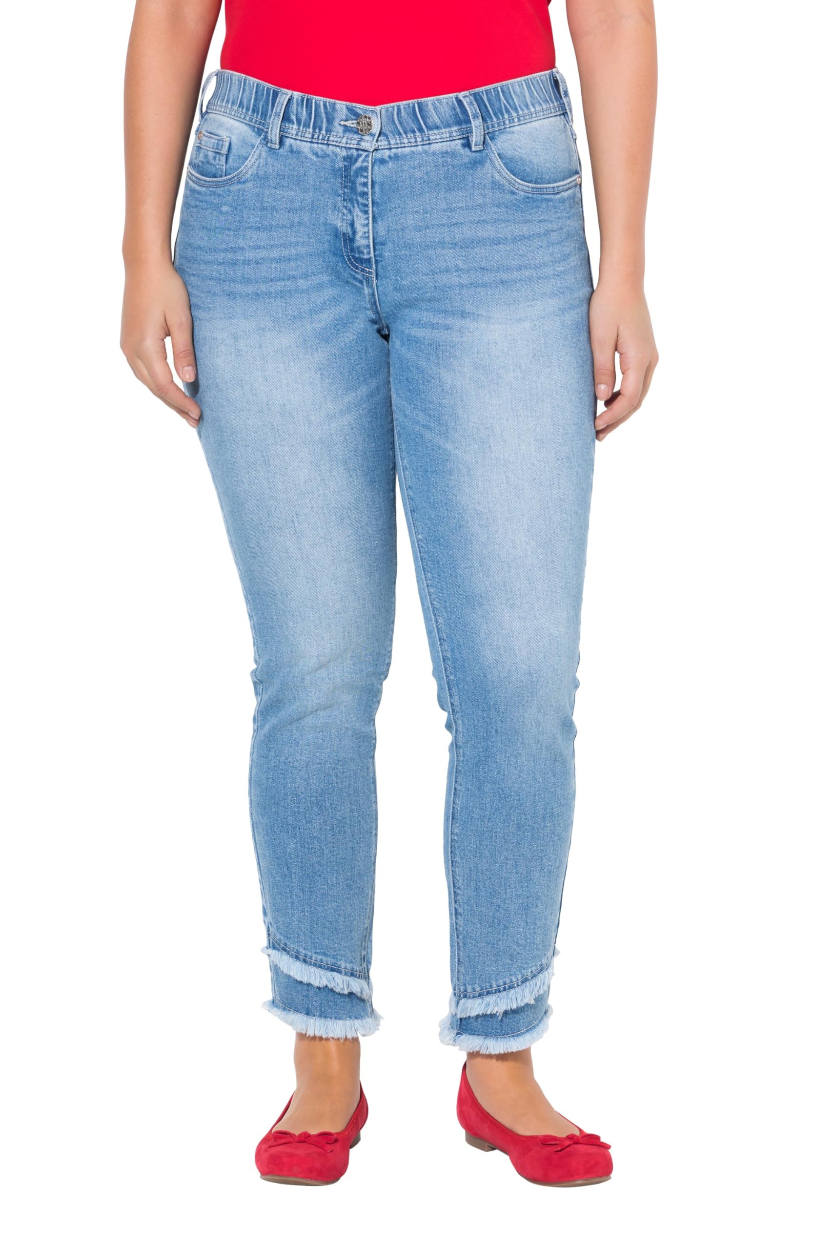 Ulla Popken Damen große Größen Übergrößen Plus Size Jeans Sarah, Fransensaum, schmales Bein, knöchellang 835210