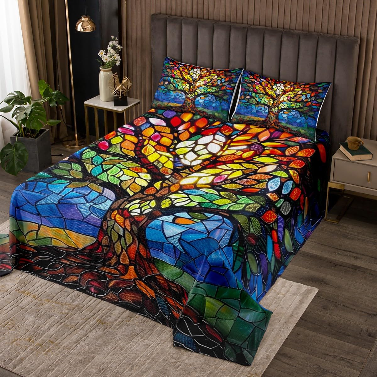 Colcha de estilo barroco bohemio exótico tamaño King, 3 piezas con 2 fundas de almohada, edredón de microfibra transpirable con diseño de árbol de la vida