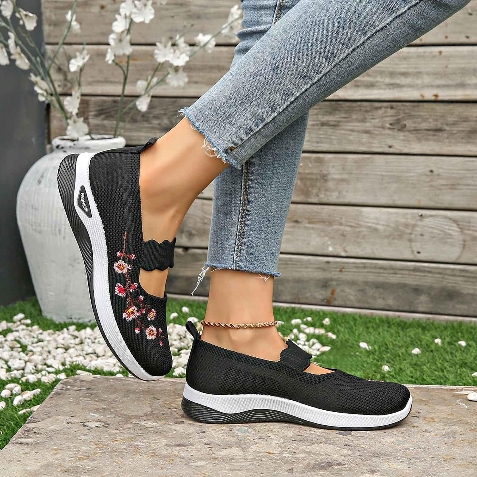 Famzuneu Orthopädische Schuhe Damen Marlene Sneaker mit Stickerei Diabetiker Sommerschuhe Leicht Krankenschwester Turnschuhe Atmungsaktive Mesh Bequeme Schlupfschuhe