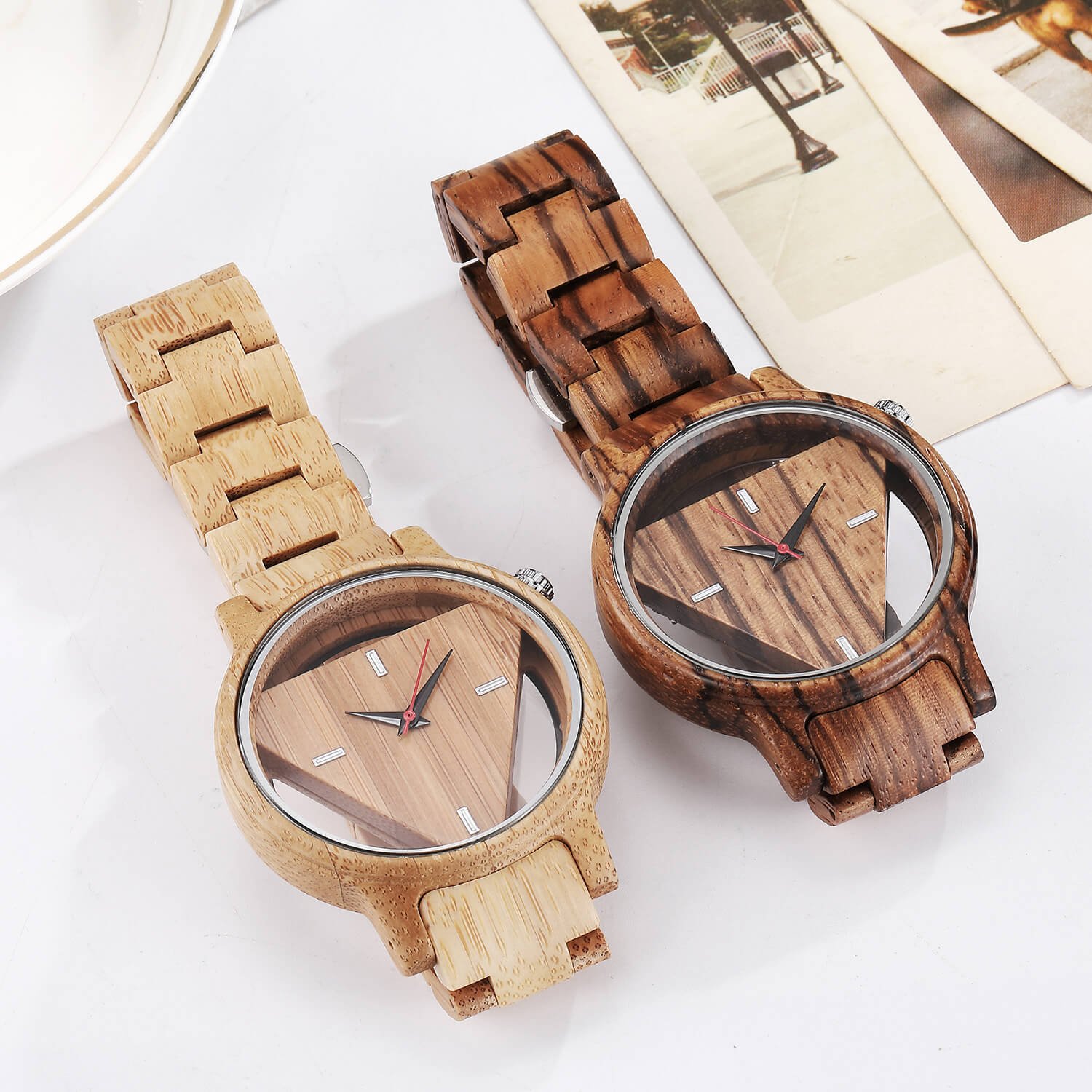 Relojes de madera de bambú para hombre, ligero, triangular, reloj de madera para hombre, de cuarzo, minimalista, caja de regalo, Amarillo, Movimiento de cuarzo