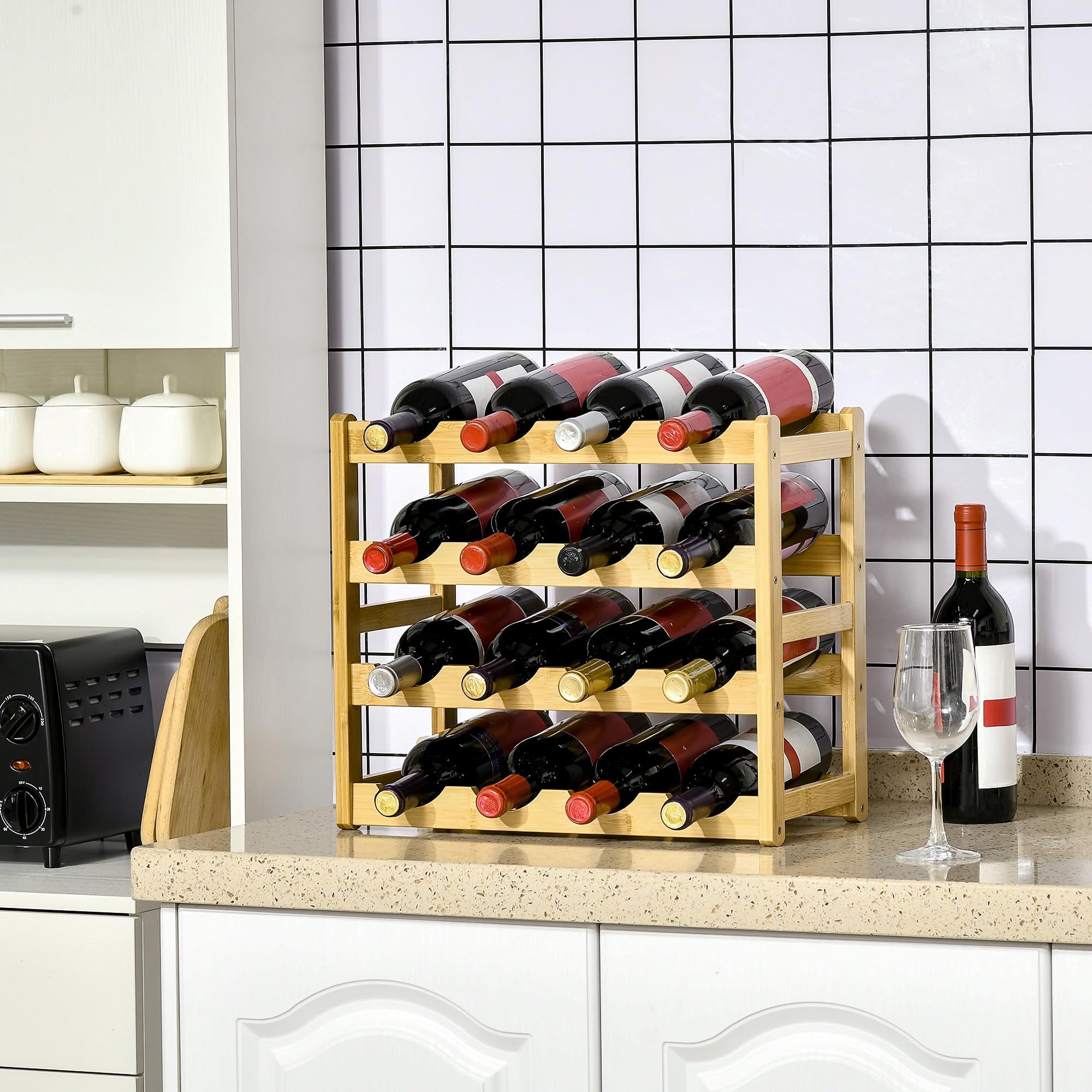 HOMCOM Étagère à Bouteilles de vin pour 16 Bouteilles Porte Bouteilles Casier à vin en Bambou - 43 x 23,5 x 38 cm Bois Naturel