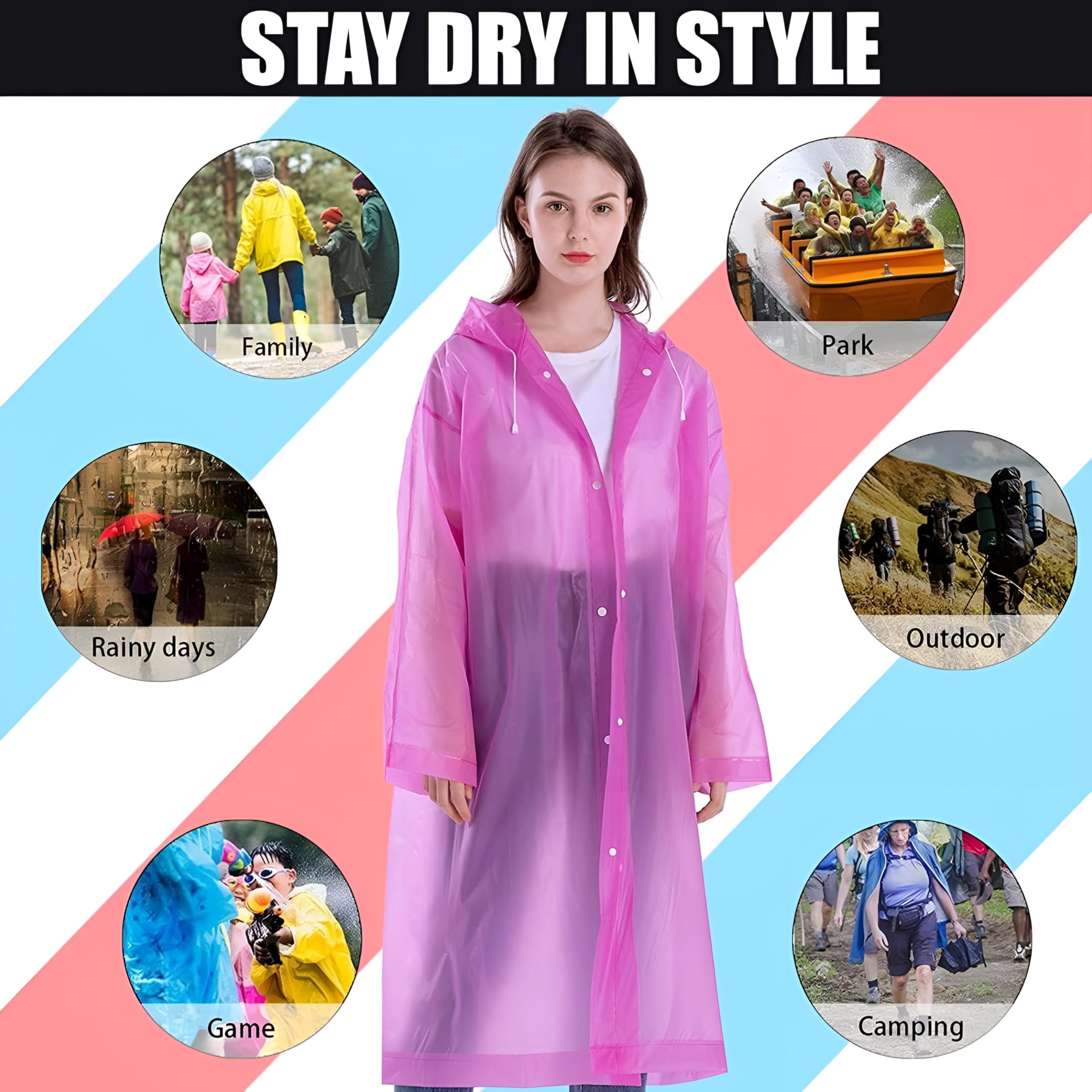 Pivalo EVA Rain Poncho for Men & Women β Lightweight Waterproof Raincoat with Hood, Adjustable Drawstring & Button Closure, Reusable Outdoor Rainwear for Men Women Boys & Girls (Universal Size, Pink) 2