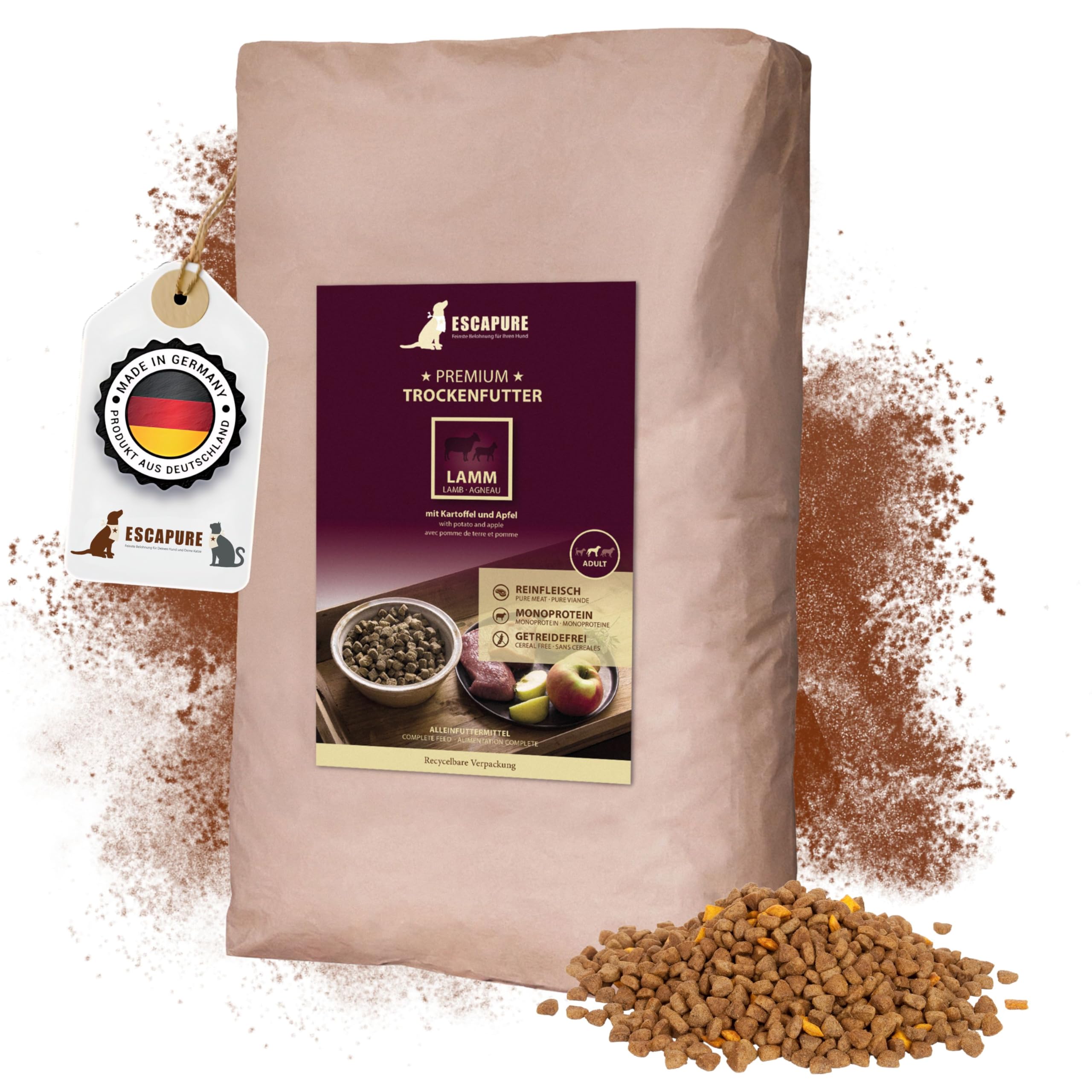 Escapure Adult Trockenfutter Hund 12kg Beutel LAMM - Hundefutter trocken  mit Rapsl & Amarant - Alleinfuttermittel fr ausgewachsene Hunde  getreidefrei - Hundenahrung mit hohem Fleischanteil : Amazon.de: Haustier
