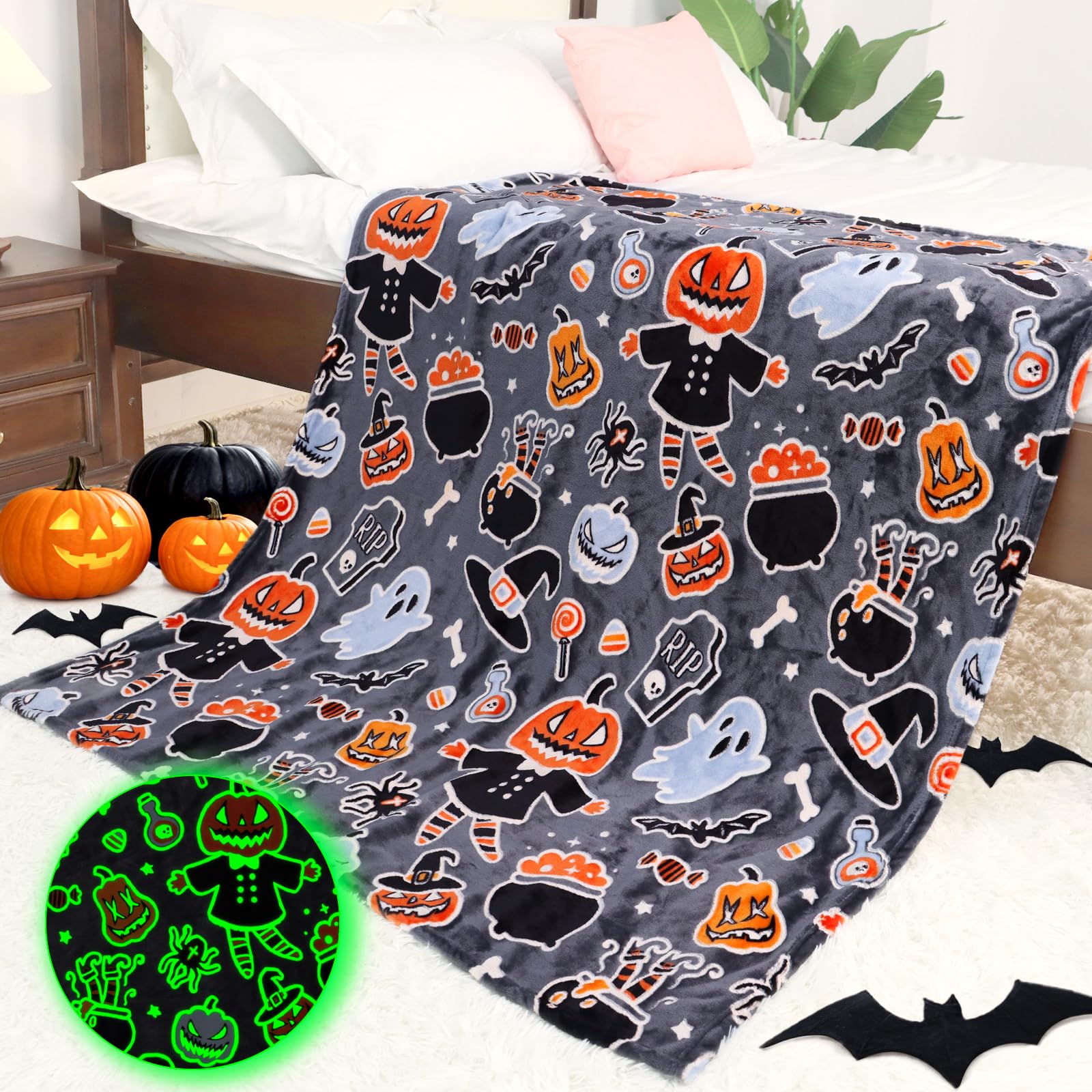 Halloween Blanket Twin Size Soft Black Glowing Fall Pumpkin Throw Blanket Lightweight Fuzzy Grey Twin Bed Decoration Blanket for Bedroom Couch Sofa