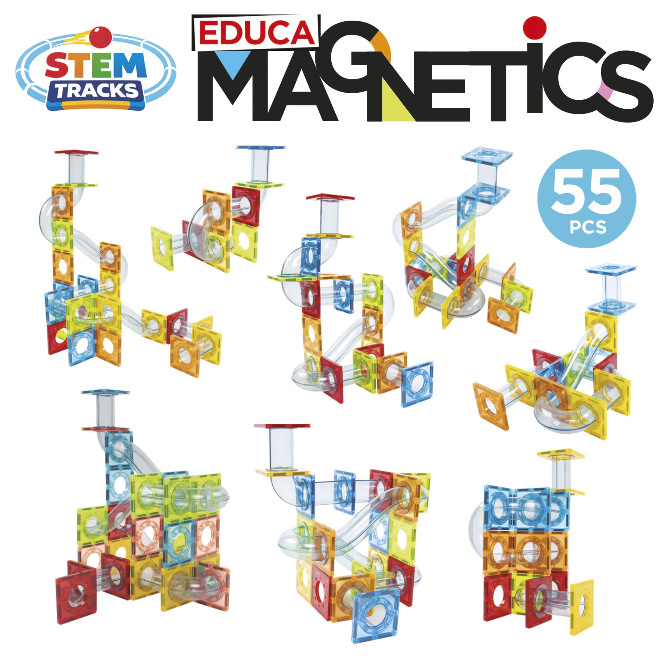 Educa - Magnetics Stem Tracks 55 sztuk | Zestaw edukacyjny z magnetycznymi blokami konstrukcyjnymi 3D | Architektura i geometria | Magnesy dla dzieci od 3 4 5 lat (20731)