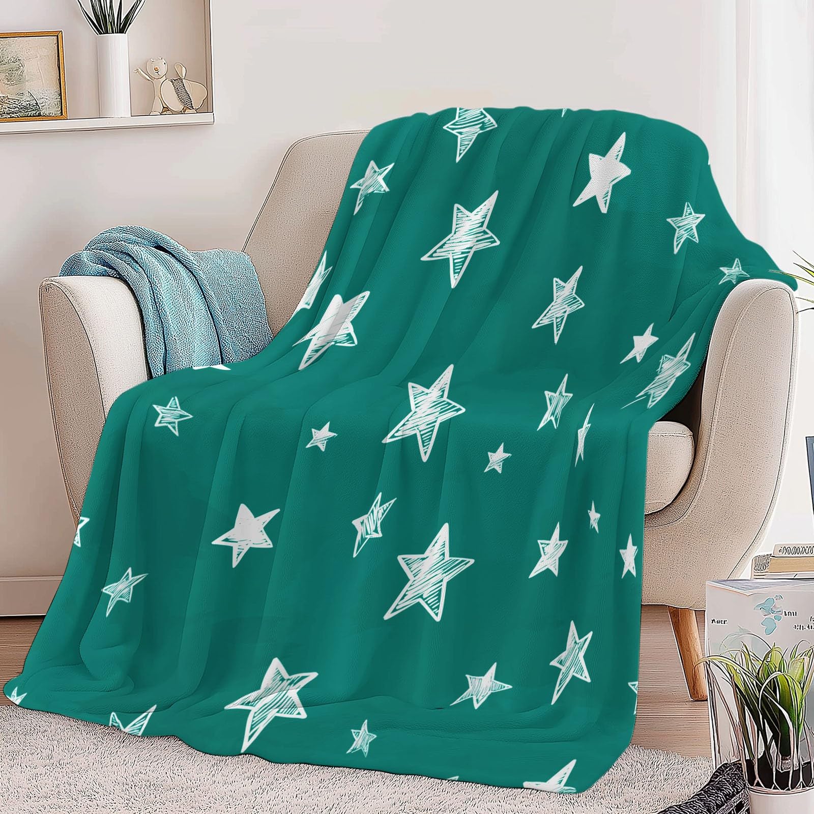 Générique Flanelowy koc polarowy ręcznie rysowane białe gwiazdy 220 x 240 cm Puszysty ciepły i miękki turkusowy koc polarowy pluszowa krata, do salonu sypialni
